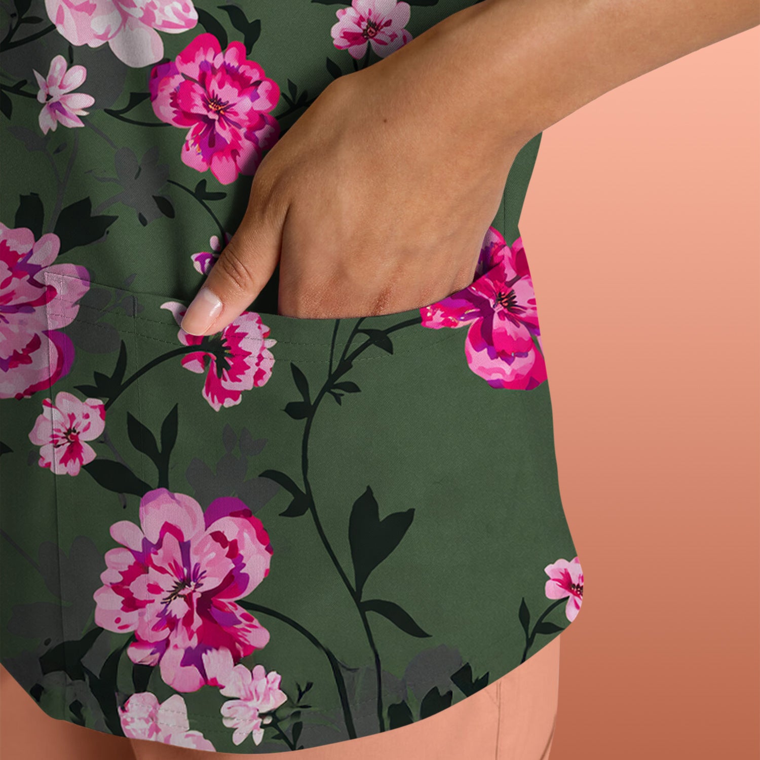 Pink Floral Blossom Pattern Scrub Top, Comfortable Scrubs for Nurses