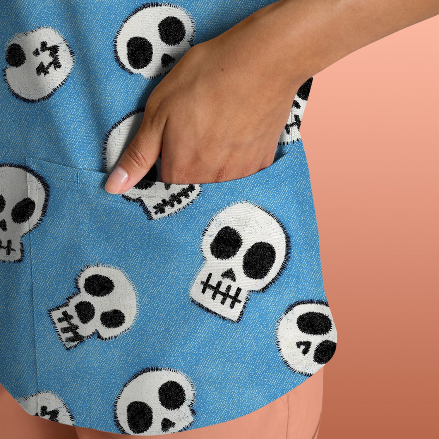 Blue Skull Halloween Pattern Scrub Top, Comfortable Scrubs for Nurses