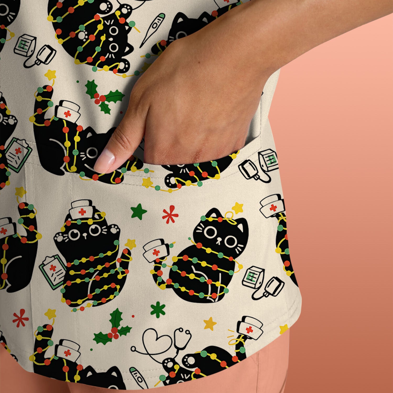 Black Cat Christmas Scrub Top – Nurse & Holiday Lights Pattern Shirt – Cute Medical Uniform For Nursing