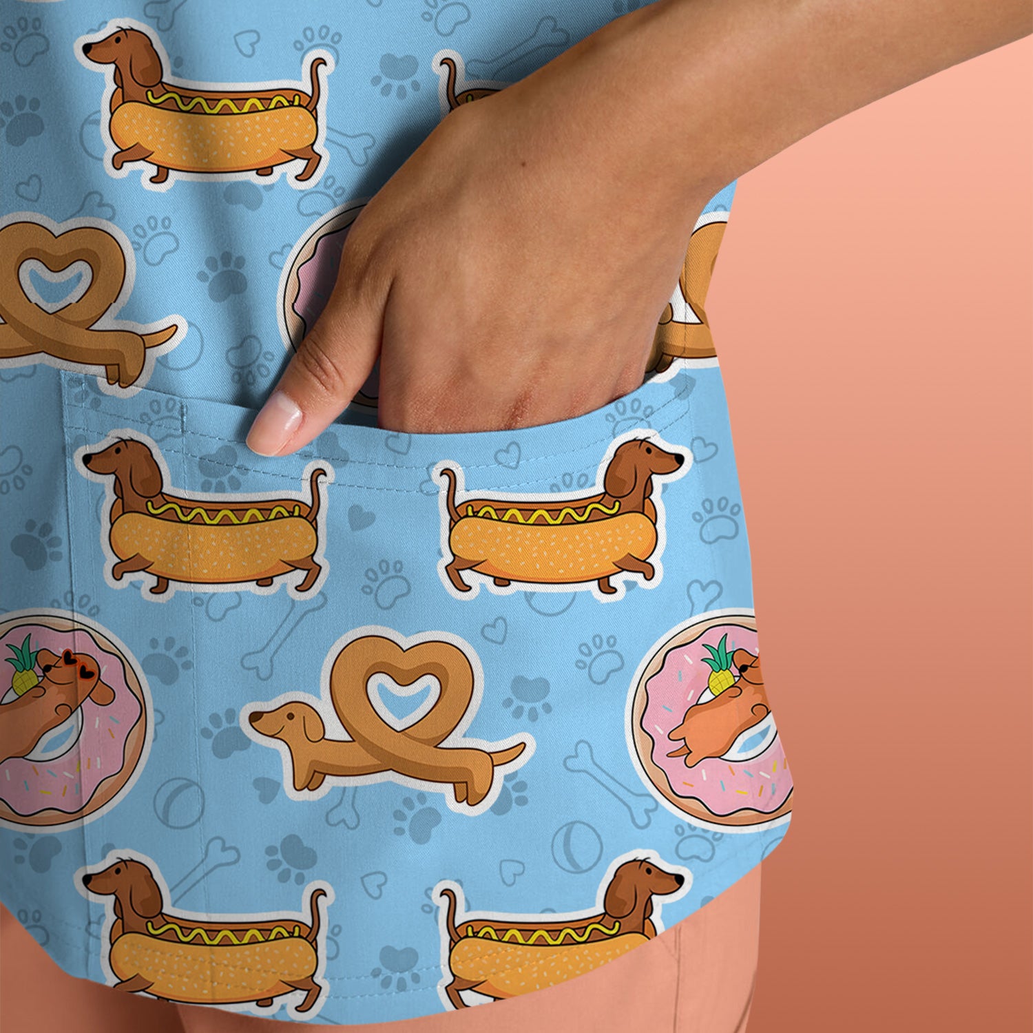 Cute Dachshund Donut Heart Pattern Scrub Top, Comfortable Scrubs For Nurses