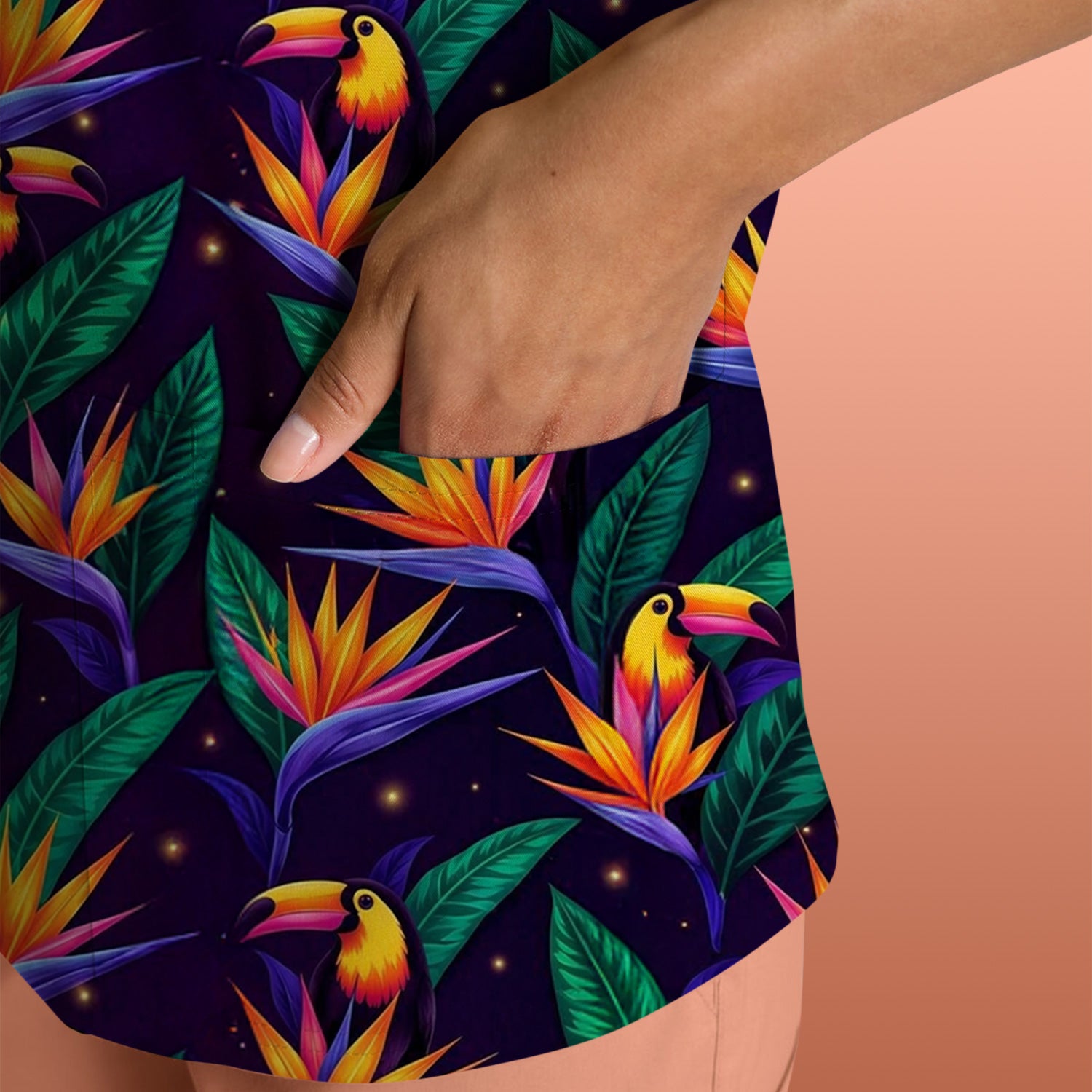 Tropical Toucan Bird Paradise Leaves Pattern Scrub Top, Comfortable Scrubs for Nurses