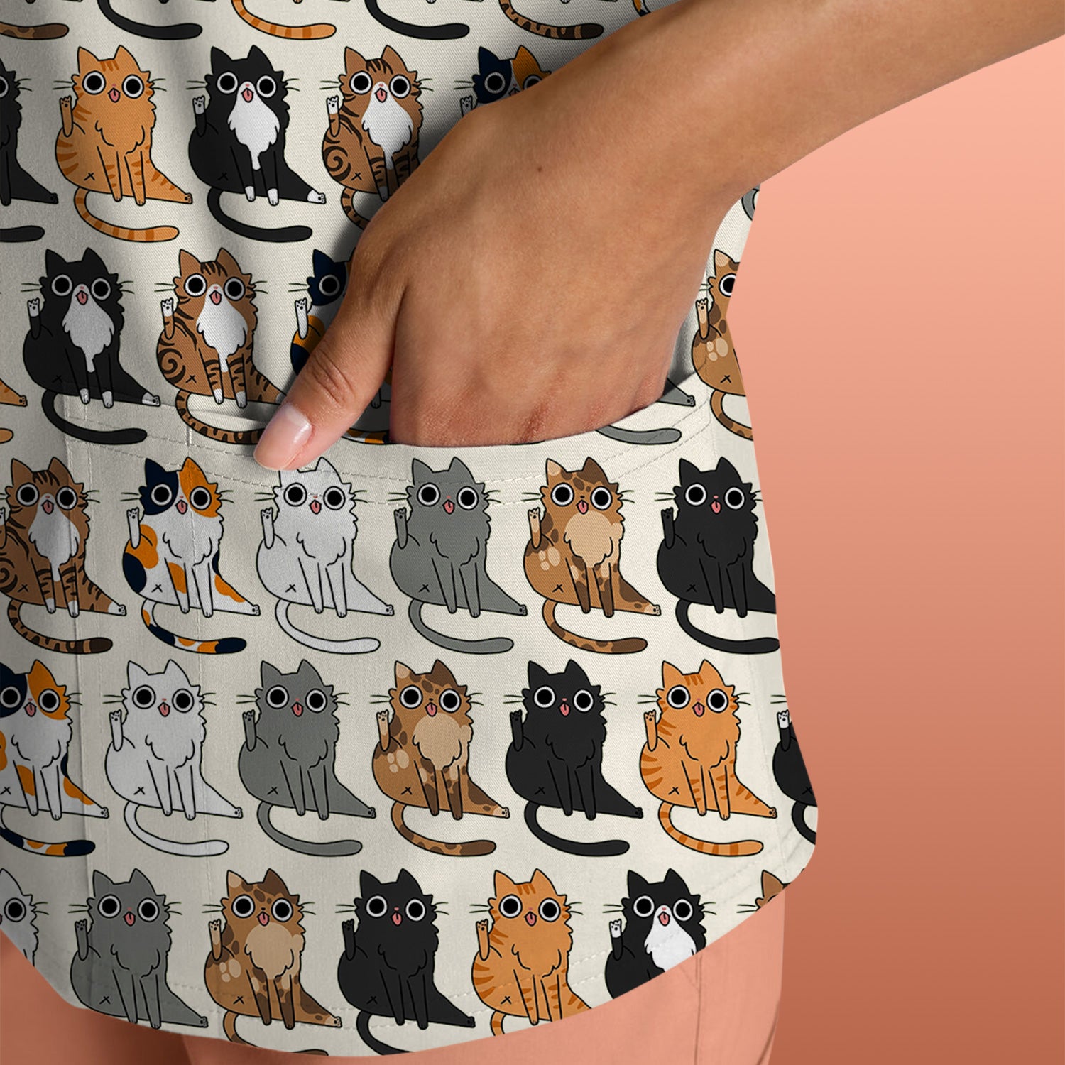 Cute Cartoon Cat Pattern Scrub Top, Comfortable Scrubs for Nurses
