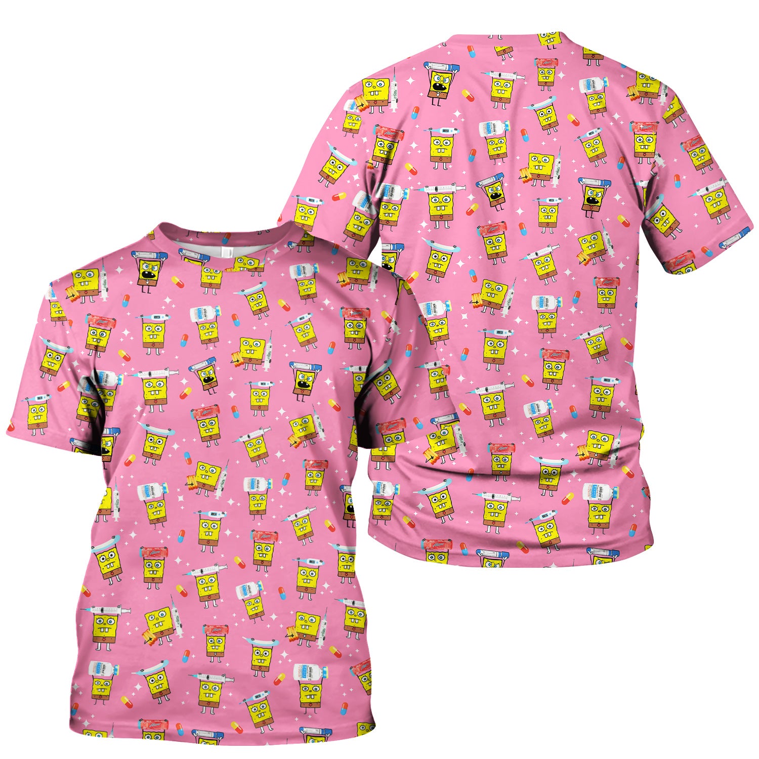 Cartoon Character Scrub Top - All-Over Print Doodle Medical Characters - Gift for RN LPN Healthcare Workers