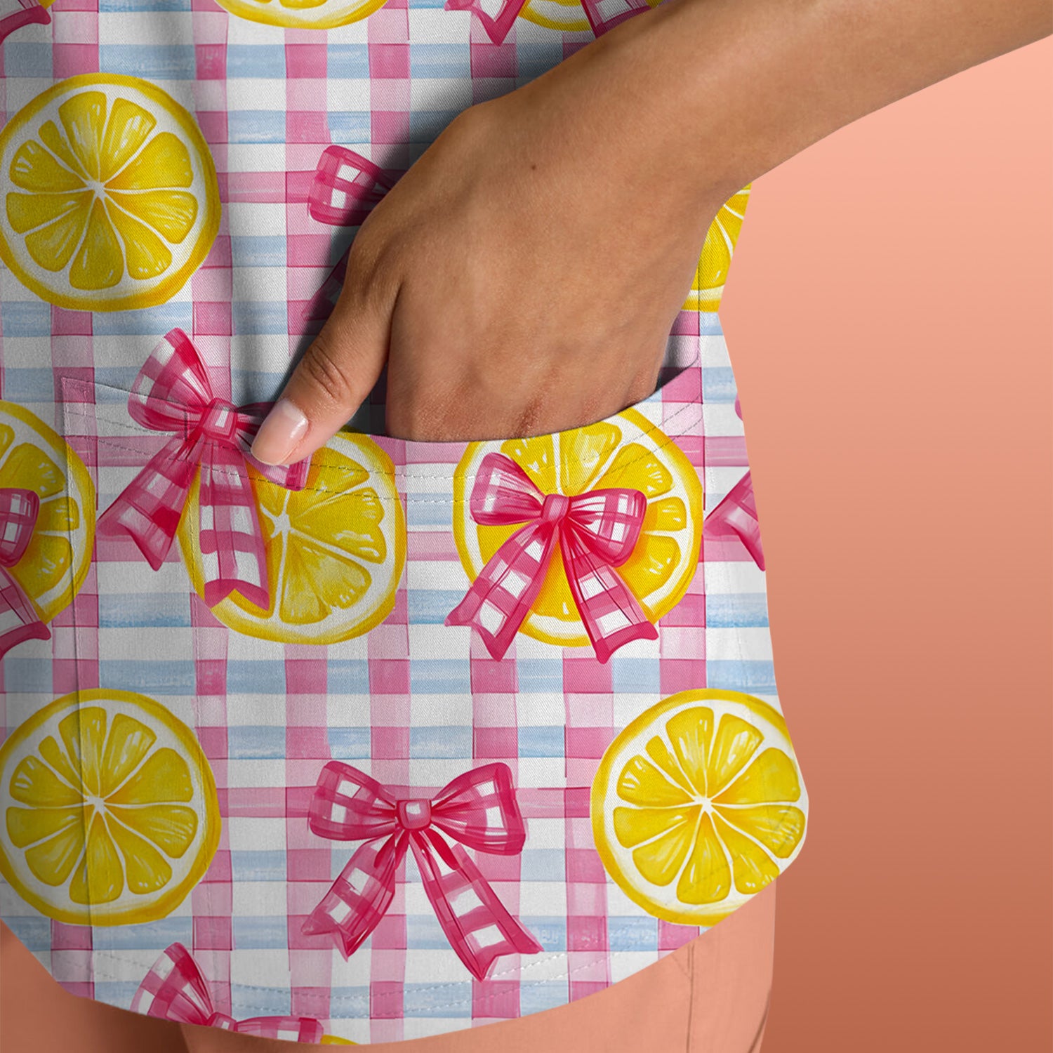 Cute Lemon Slice Pink Bow Gingham Pattern Scrub Top, Comfortable Scrubs for Nurses