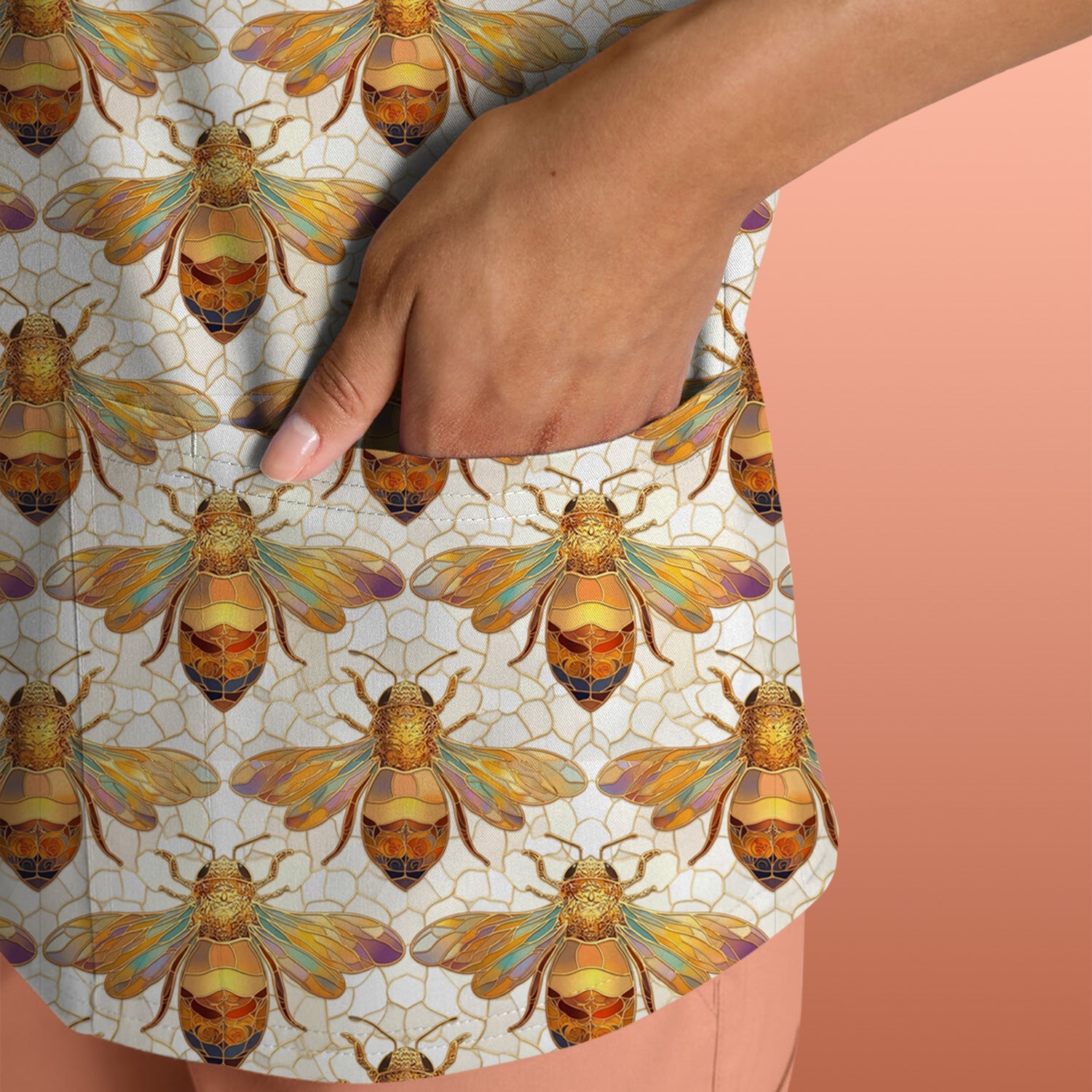 Golden Honey Bee Honeycomb Nurse Pattern Scrub Top, Comfortable Scrubs for Nurses