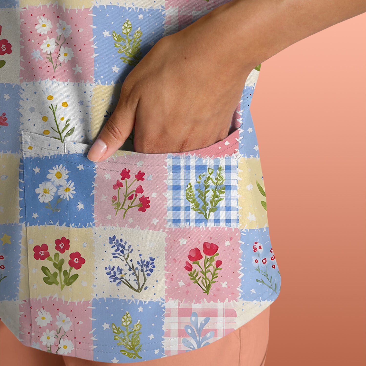 Pastel Patchwork Wildflower Garden Print Scrub Top, Comfortable Scrubs for Nurses