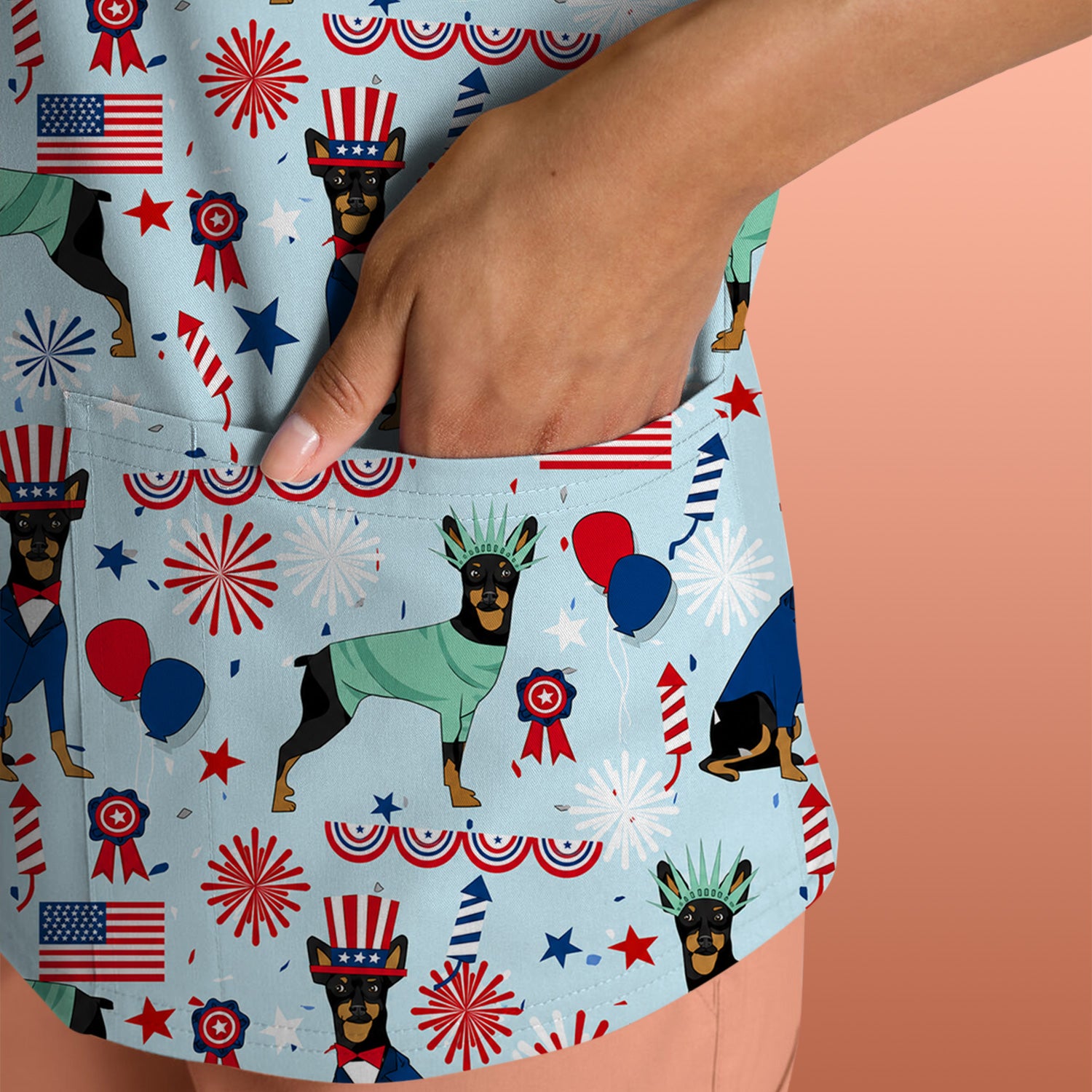 Patriotic Doberman Liberty Fireworks Pattern Scrub Top, Comfortable Scrubs for Nurses