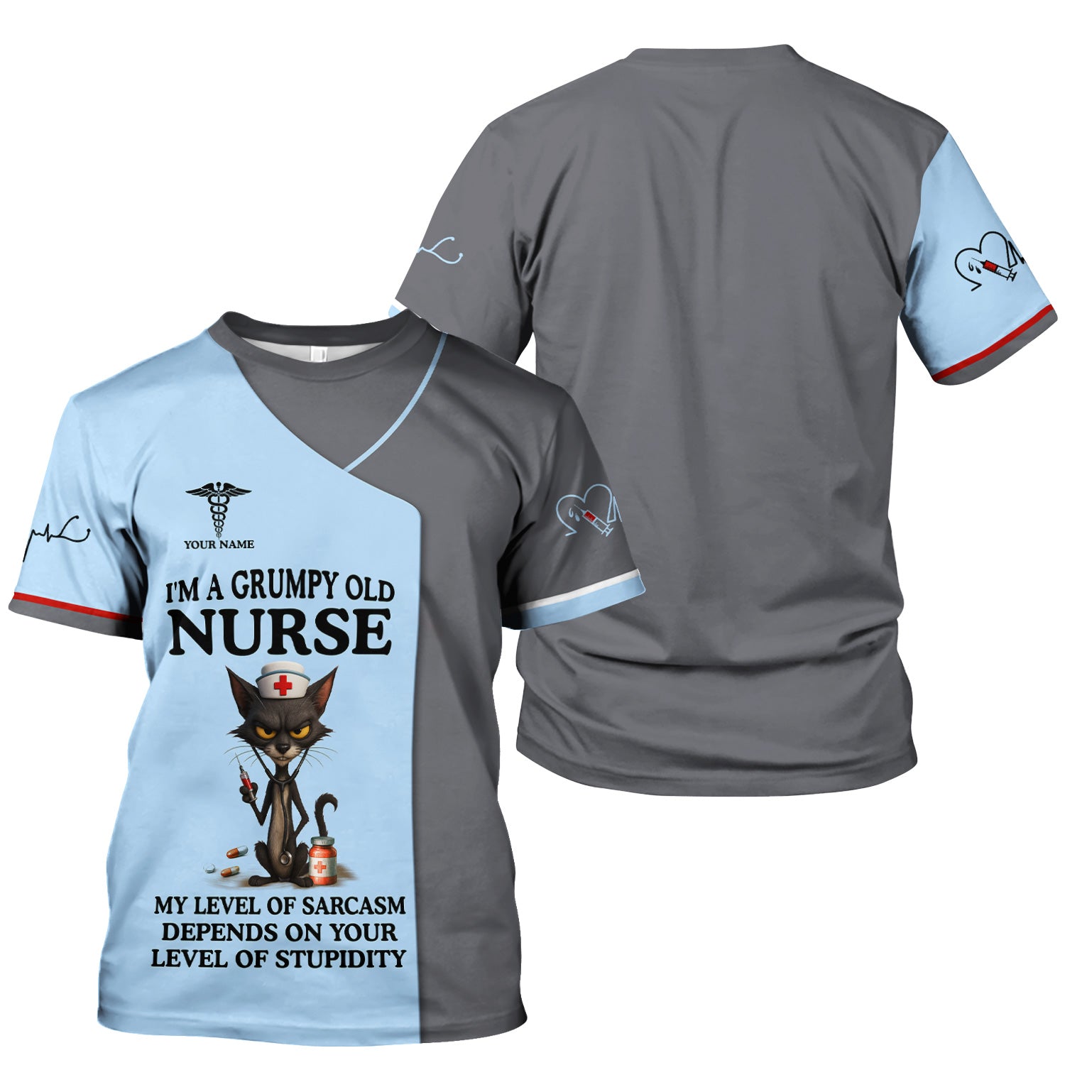 Personalized Funny Nurse Scrubs - Cute Black Cat & Caduceus Symbol Design with Custom Name - Meaningful Gift for RN CNA LPN Healthcare Professionals