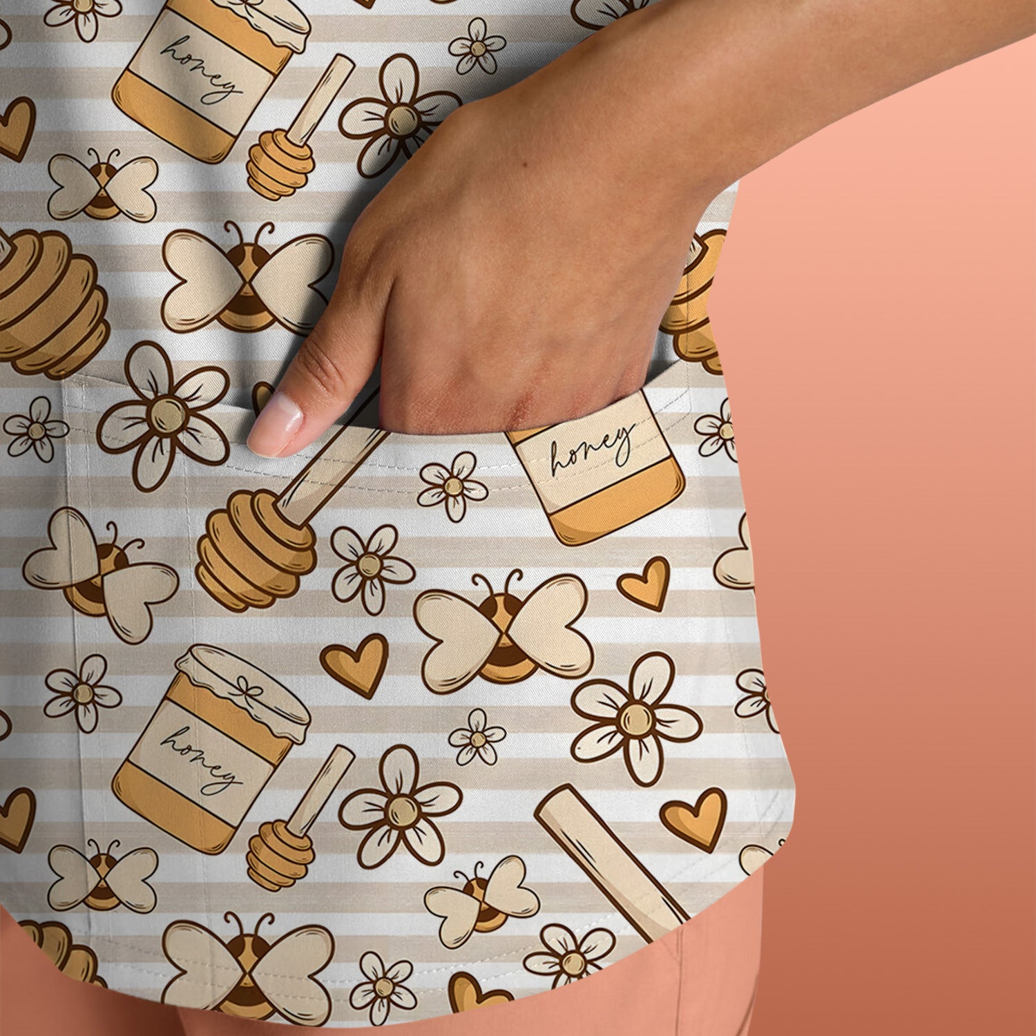 Honey Jar With Daisy Flower Pattern Scrub Top, Breathable Fabrics Nursing Uniform