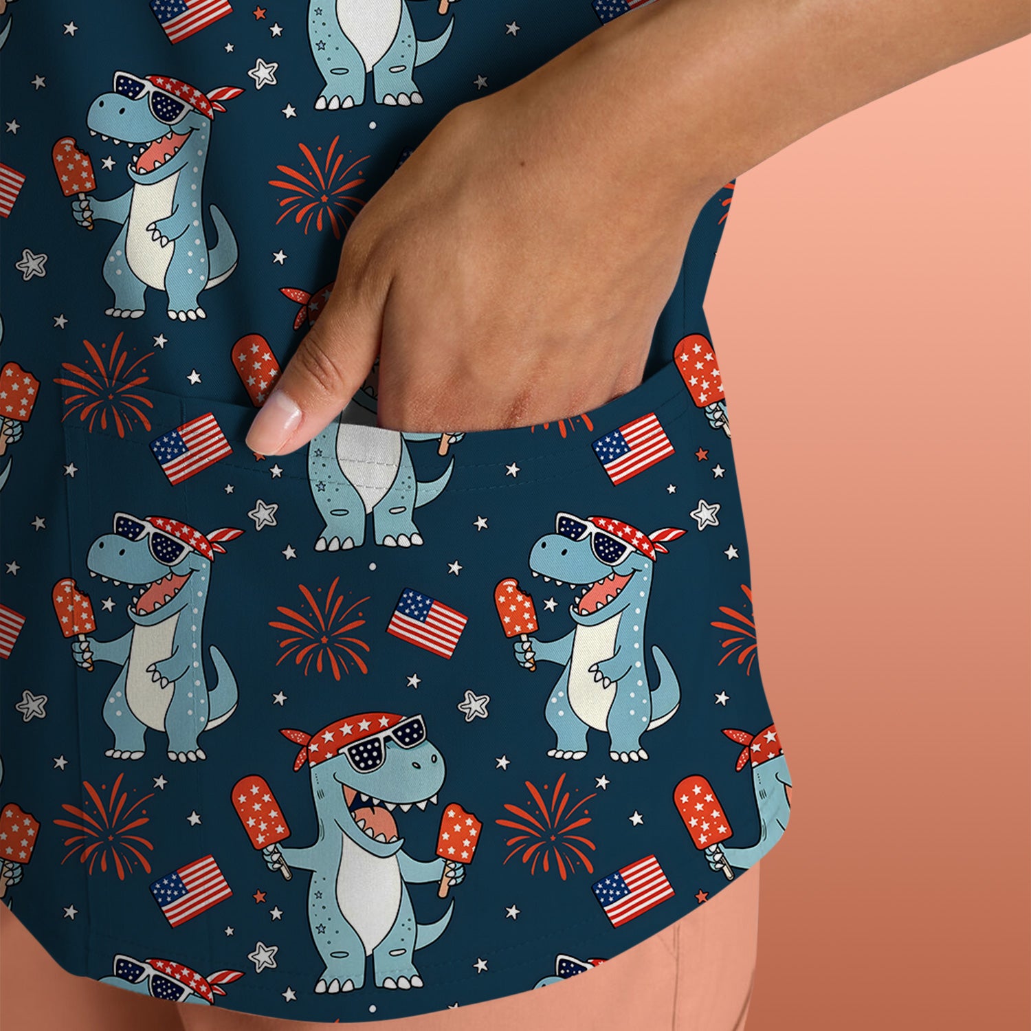 Dinosaur With Flag American Pattern Scrub Top, Comfortable Scrubs for Nurses