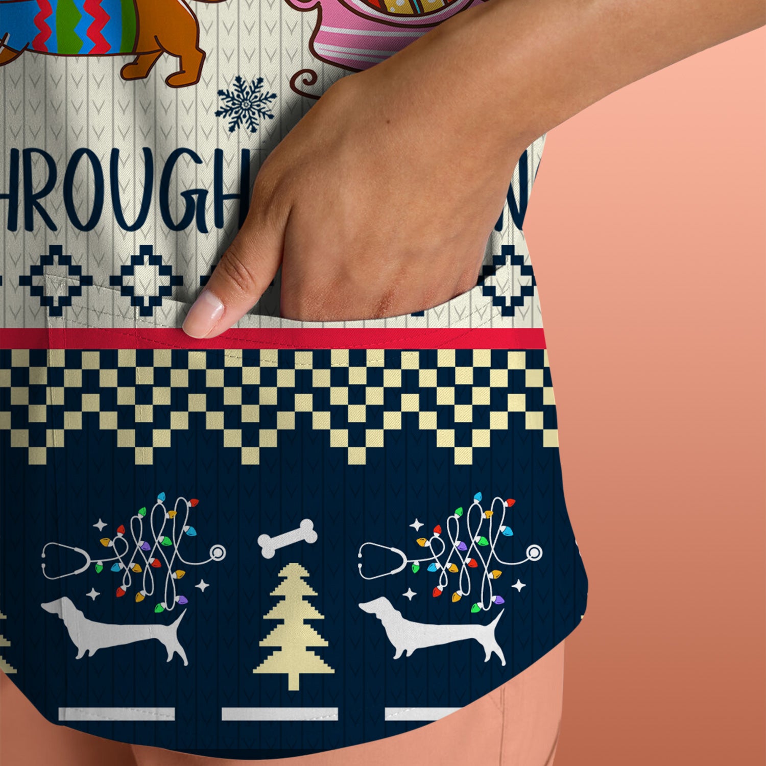 Christmas Dachshund Scrub Top, Cute Wiener Dog Holiday Medical Uniform, Funny “Dachshund Through The Snow” Scrubs For Nurse Or Dog Lover