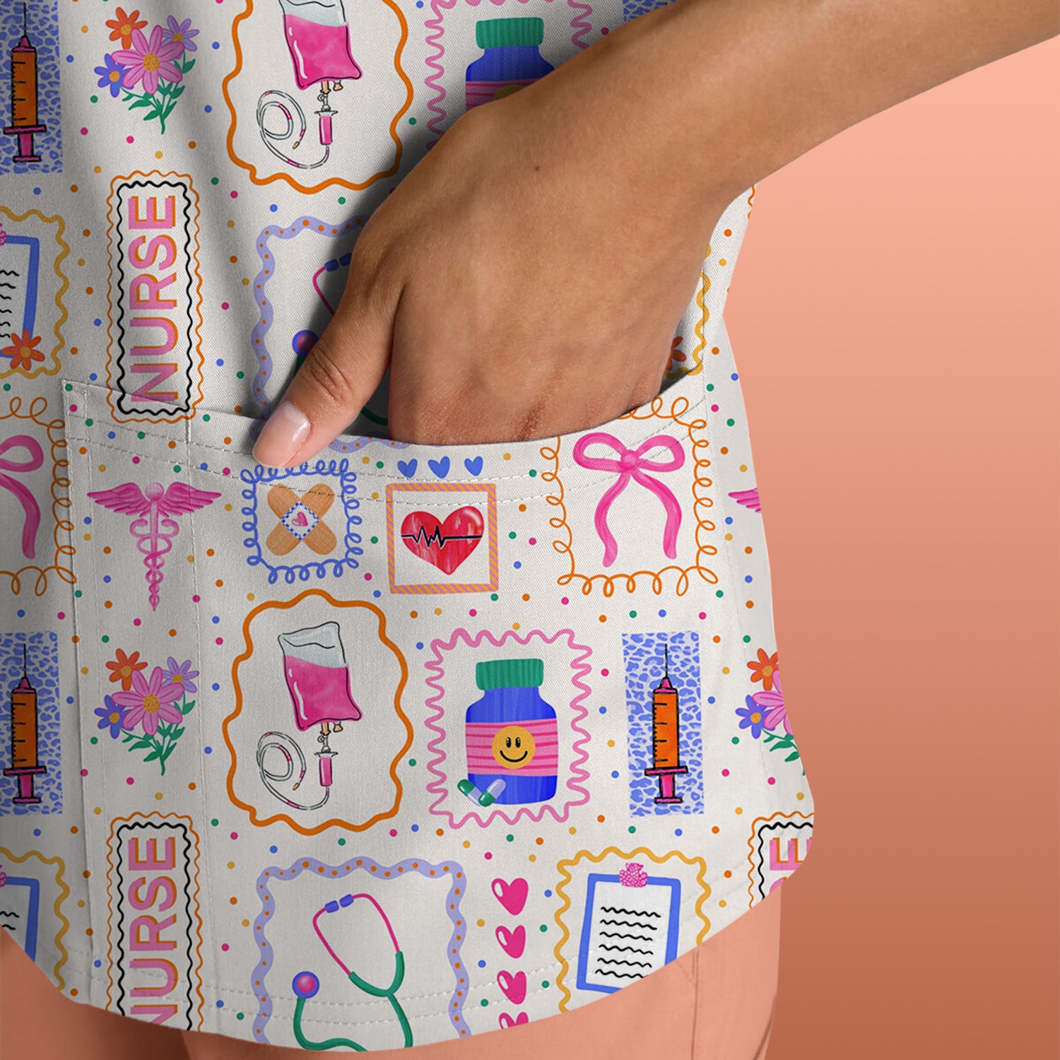 Colorful Nurse Medical Icon Pattern Scrub Top, Comfortable Scrubs for Nurses