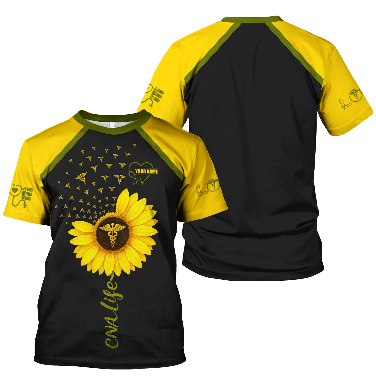 Personalized CNA Sunflower Shirt - Custom Name & Caduceus Symbol Design - Gift for RN LPN Healthcare Workers
