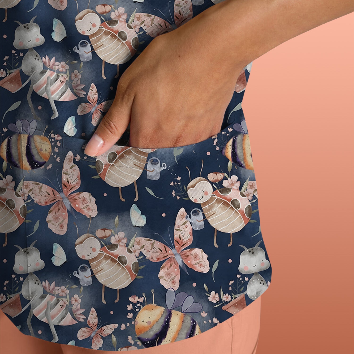 Cute Whimsical Bee Fairy Garden Pattern Scrub Top, Comfortable Scrubs for Nurses