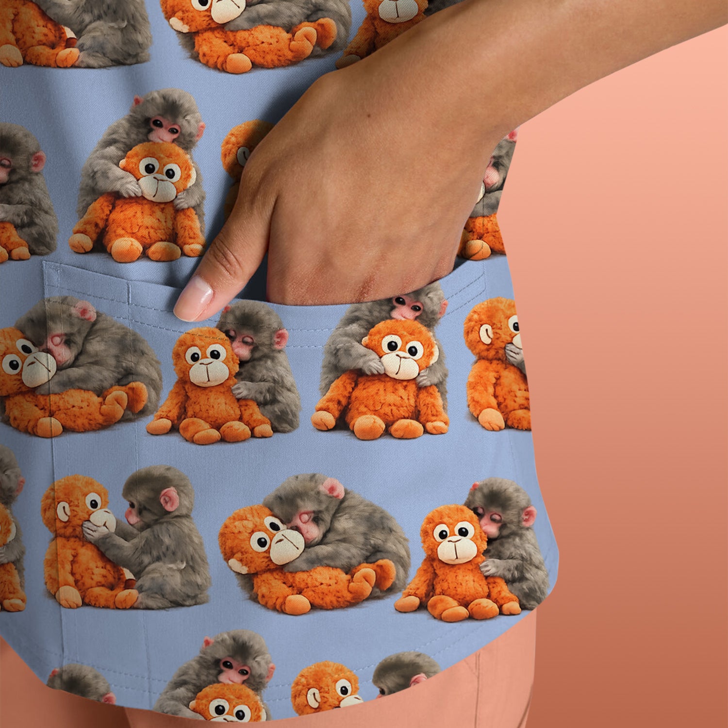 Cute Baby Monkey Plush Toy Animal Pattern Scrub Top, Breathable Medical Uniform Top