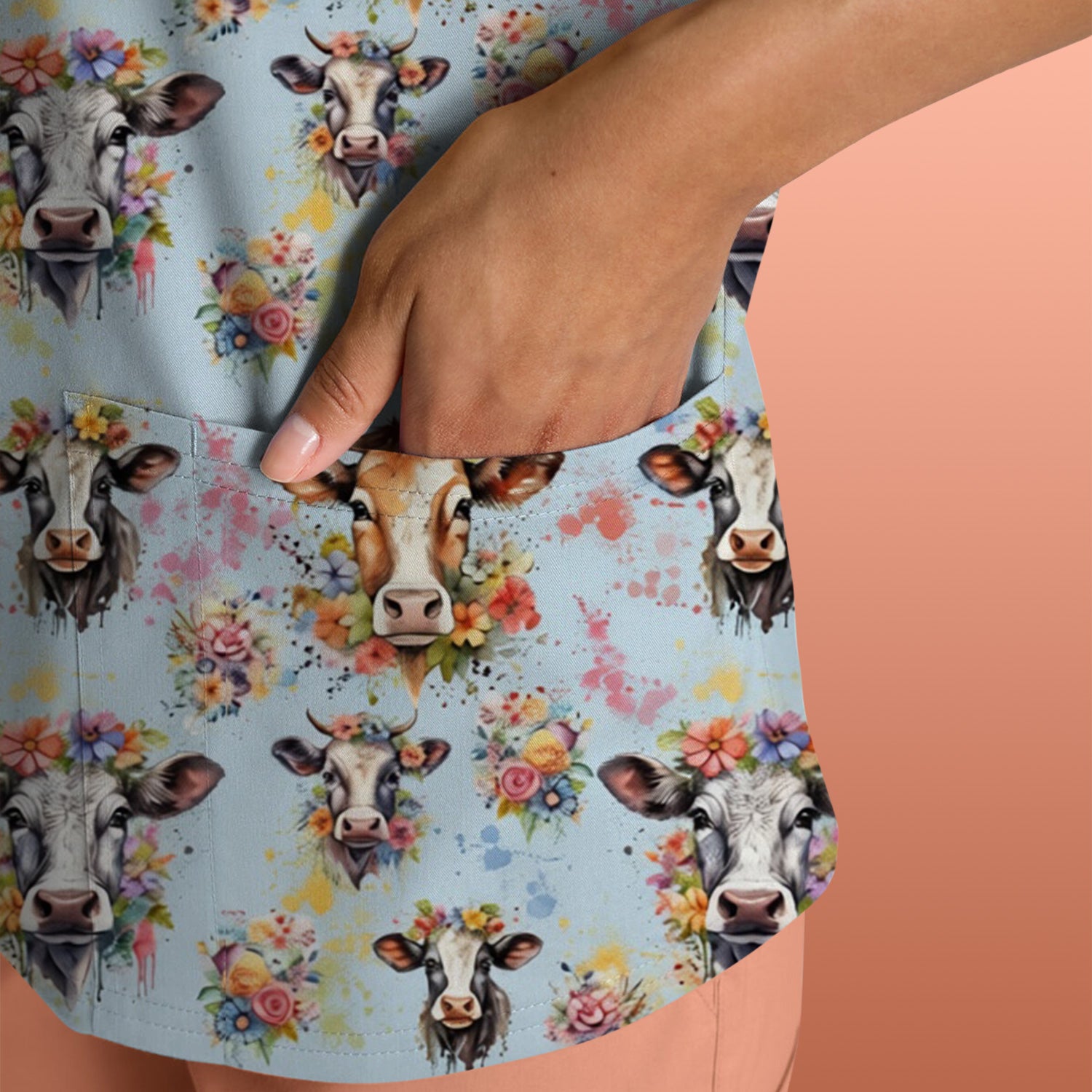 Cute Floral Cow Farm Animal Pattern Scrub Top, Comfortable Scrubs for Nurses