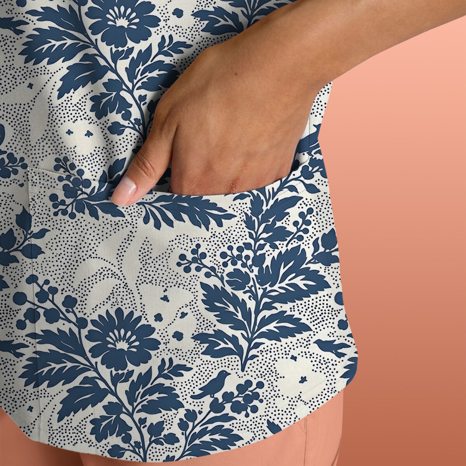 Cute Blue Floral Botanical Nurse Pattern Scrub Top, Breathable Fabrics Nursing Uniform