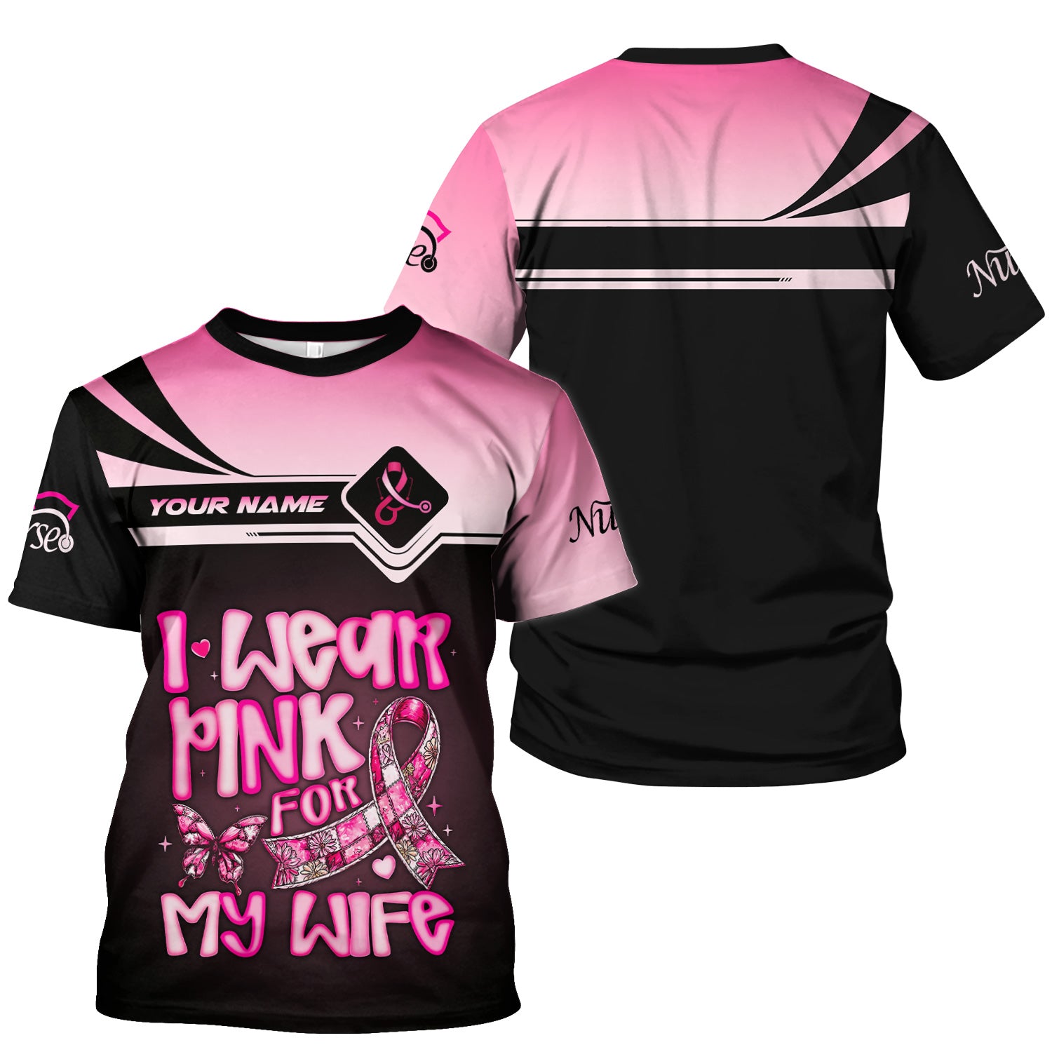 Personalized Breast Cancer Awareness Scrub Top - I Wear Pink For My Wife - RN LPN CNA Healthcare Workers Gift