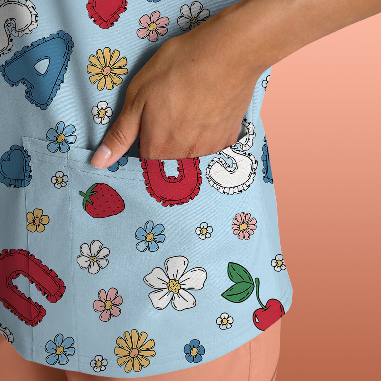 USA Cherry Strawberry Floral Patch Pattern Scrub Top, Comfortable Scrubs for Nurses