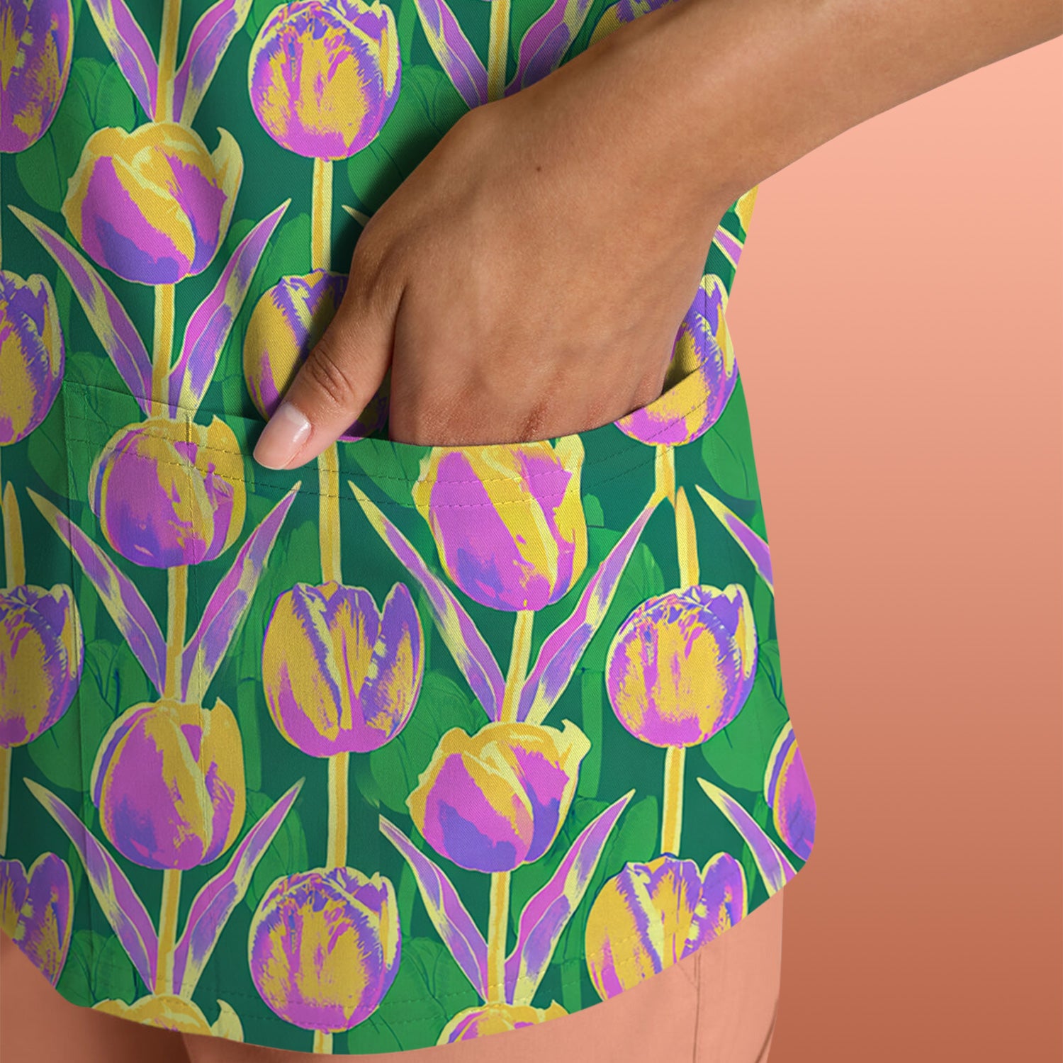 Colorful Tulip Floral Pattern Scrub Top, Breathable Fabrics Nursing Uniform
