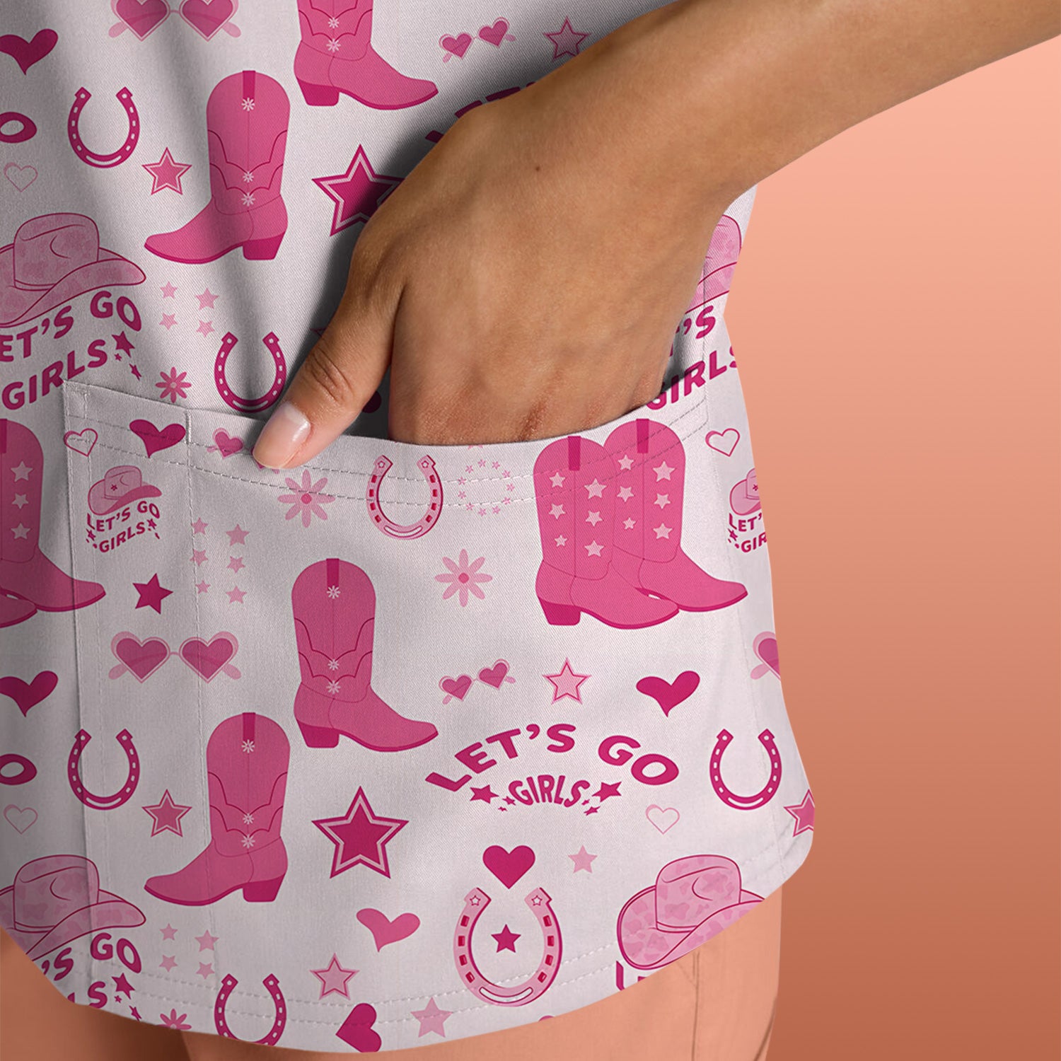 Pink Cowgirl Boots Print Scrub Top, Comfortable Scrubs for Nurses