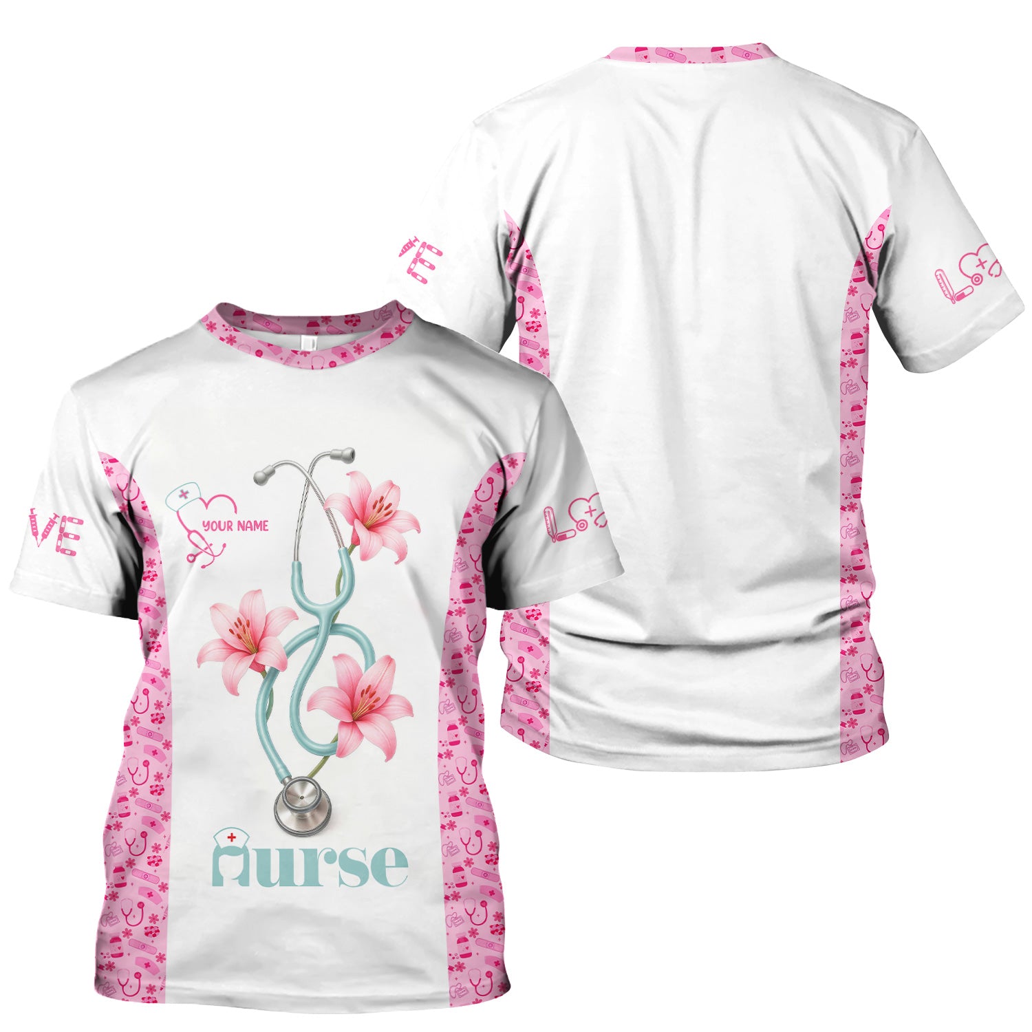 Personalized Nurse Scrubs - Pink Floral Stethoscope Design with Name Customization - Gift for RN, CNA, LPN