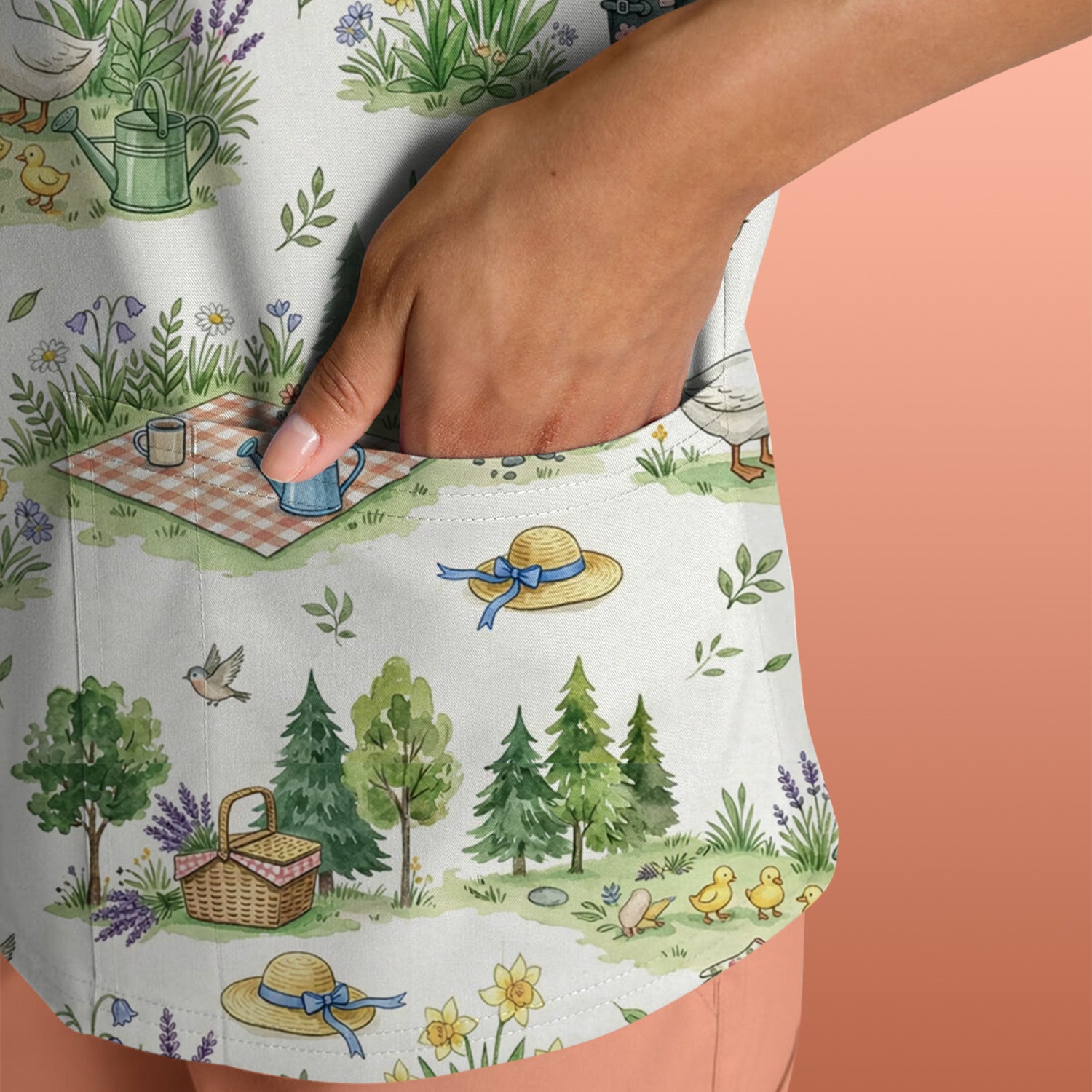 Cute Duck Garden Pattern Scrub Top, Spring Floral Countryside Nursing Uniform