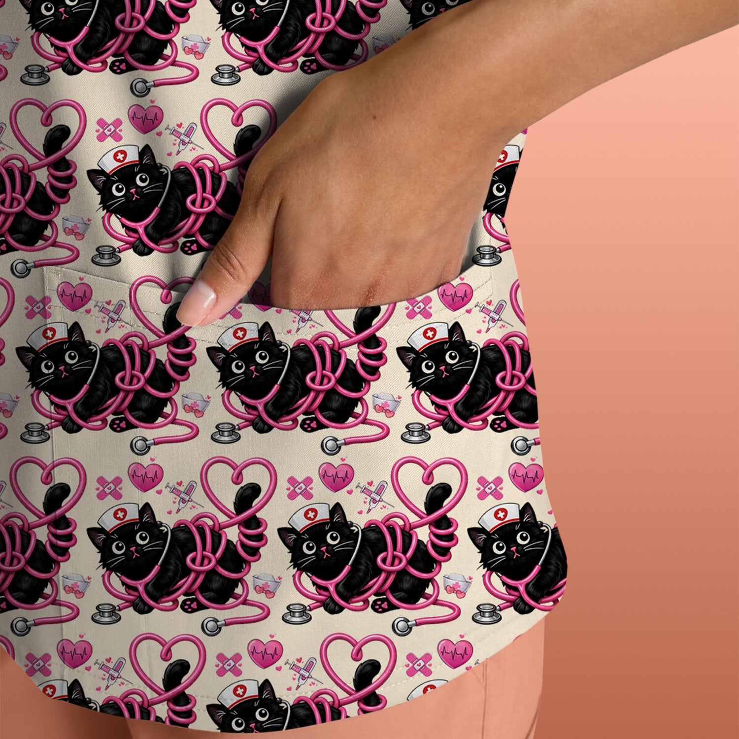 Valentine Cute Cat Nurse Heart Print Scrub Top, Comfortable Scrubs for Nurses