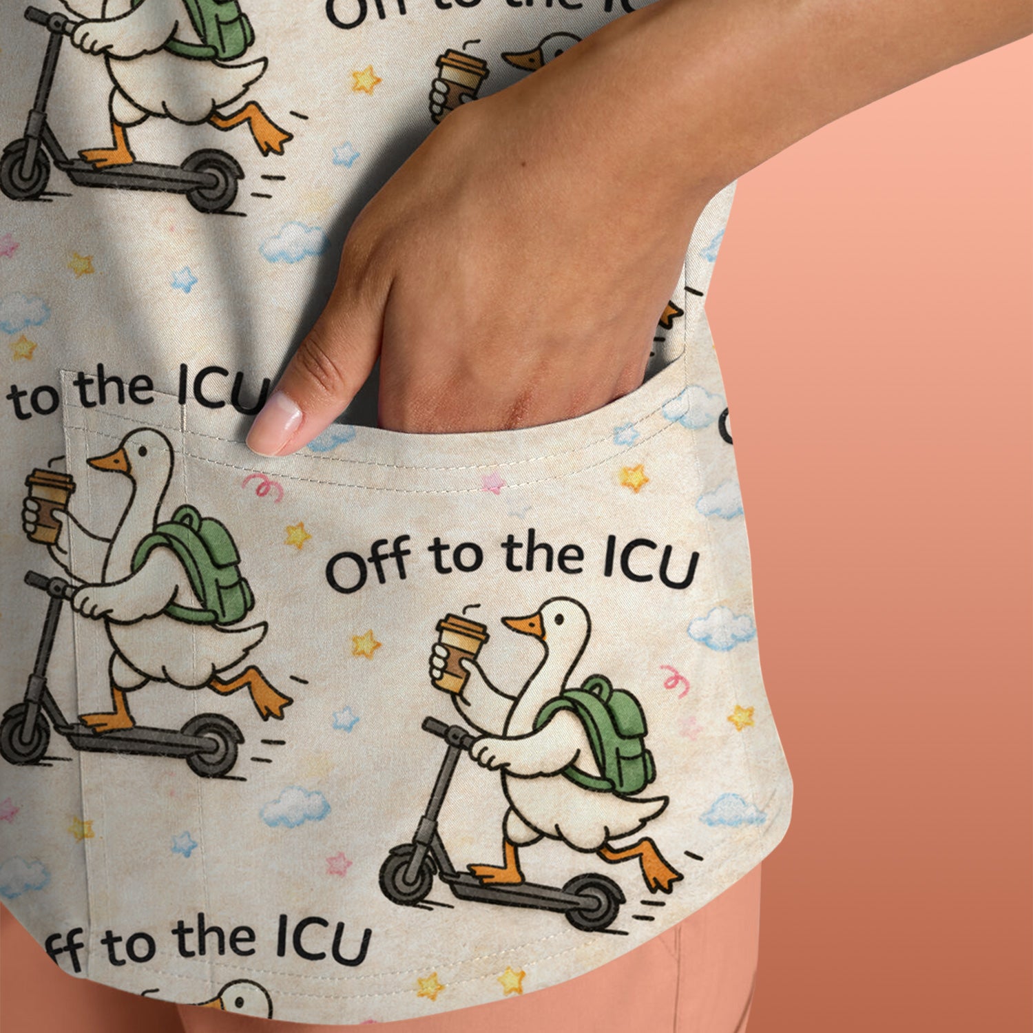 Funny Goose Off To The ICU Pattern Scrubs Top, Breathable Fabrics Nursing Uniform