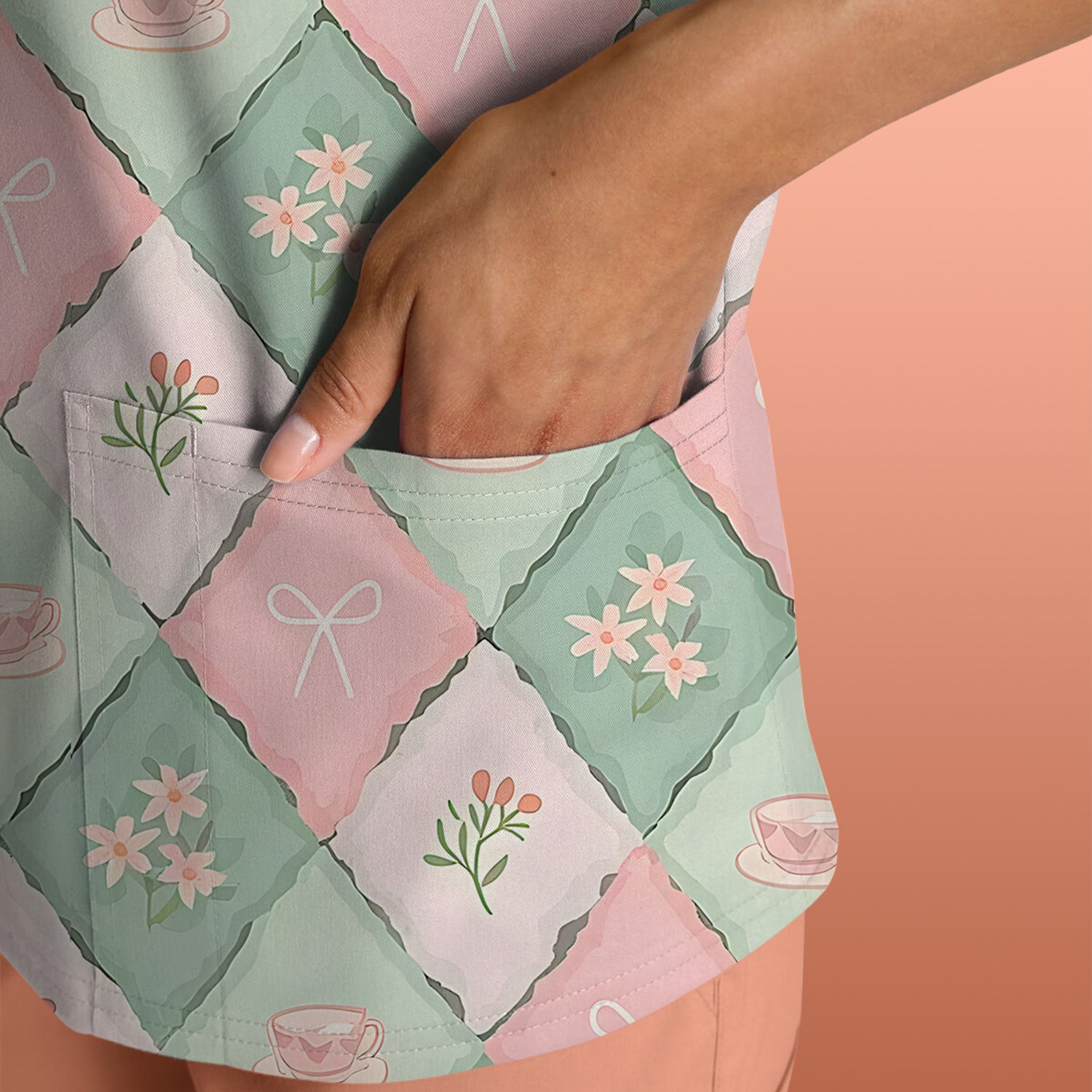 Flowers Tea Cups Pattern Scrubs Top, Comfortable Scrubs for Nurses