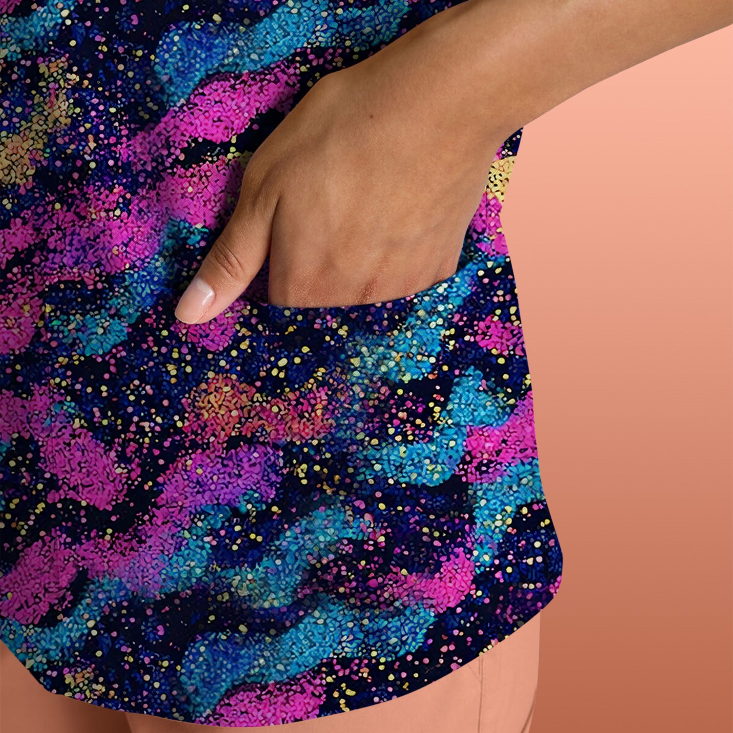 Neon Glitter Galaxy Wavy Pattern Scrub Top, Breathable Fabrics Nursing Uniform