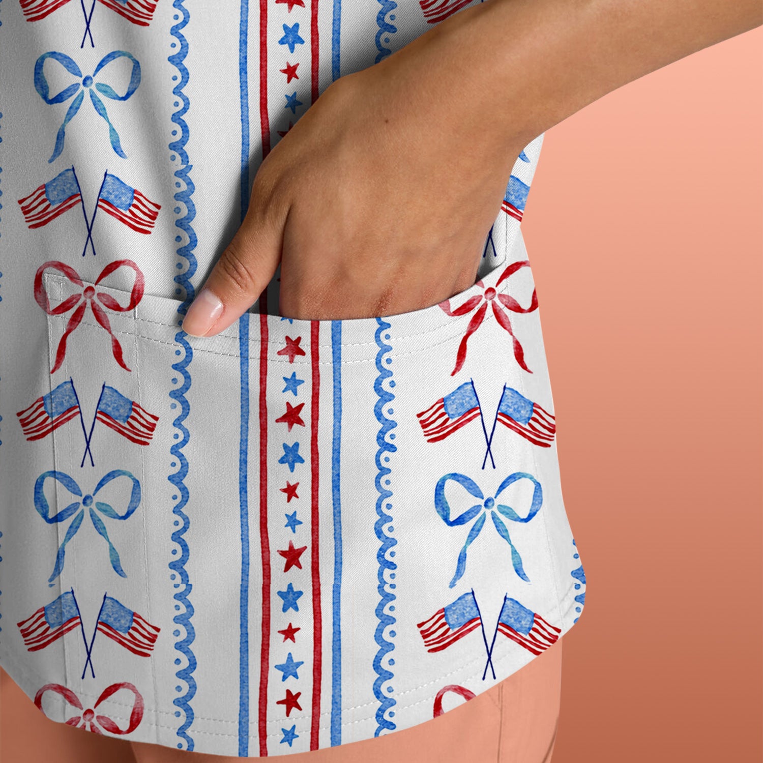 Patriotic USA Flag Bow Stripe Pattern Scrub Top, Comfortable Scrubs for Nurses