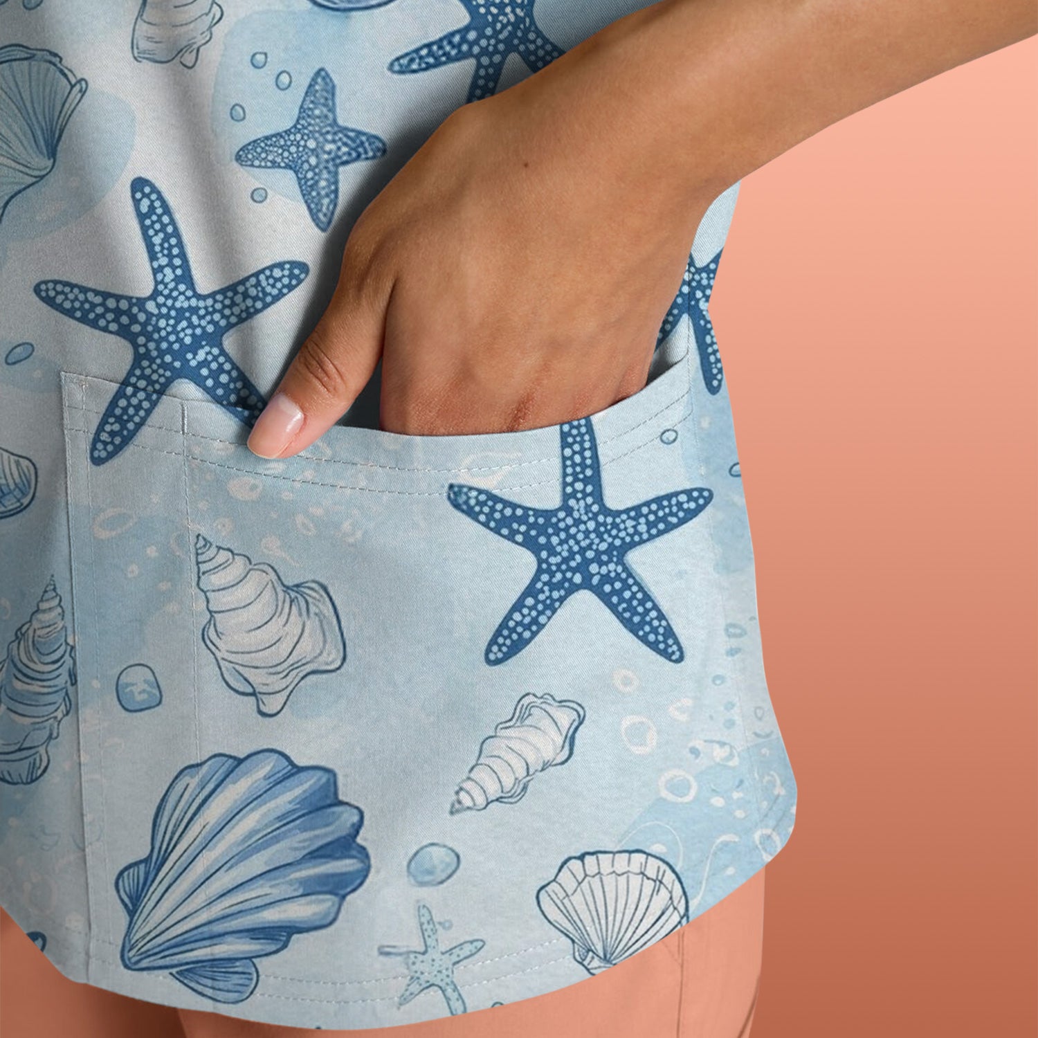 Blue Sea Shells Starfish Pattern Scrubs Top, Comfortable Scrubs for Nurses