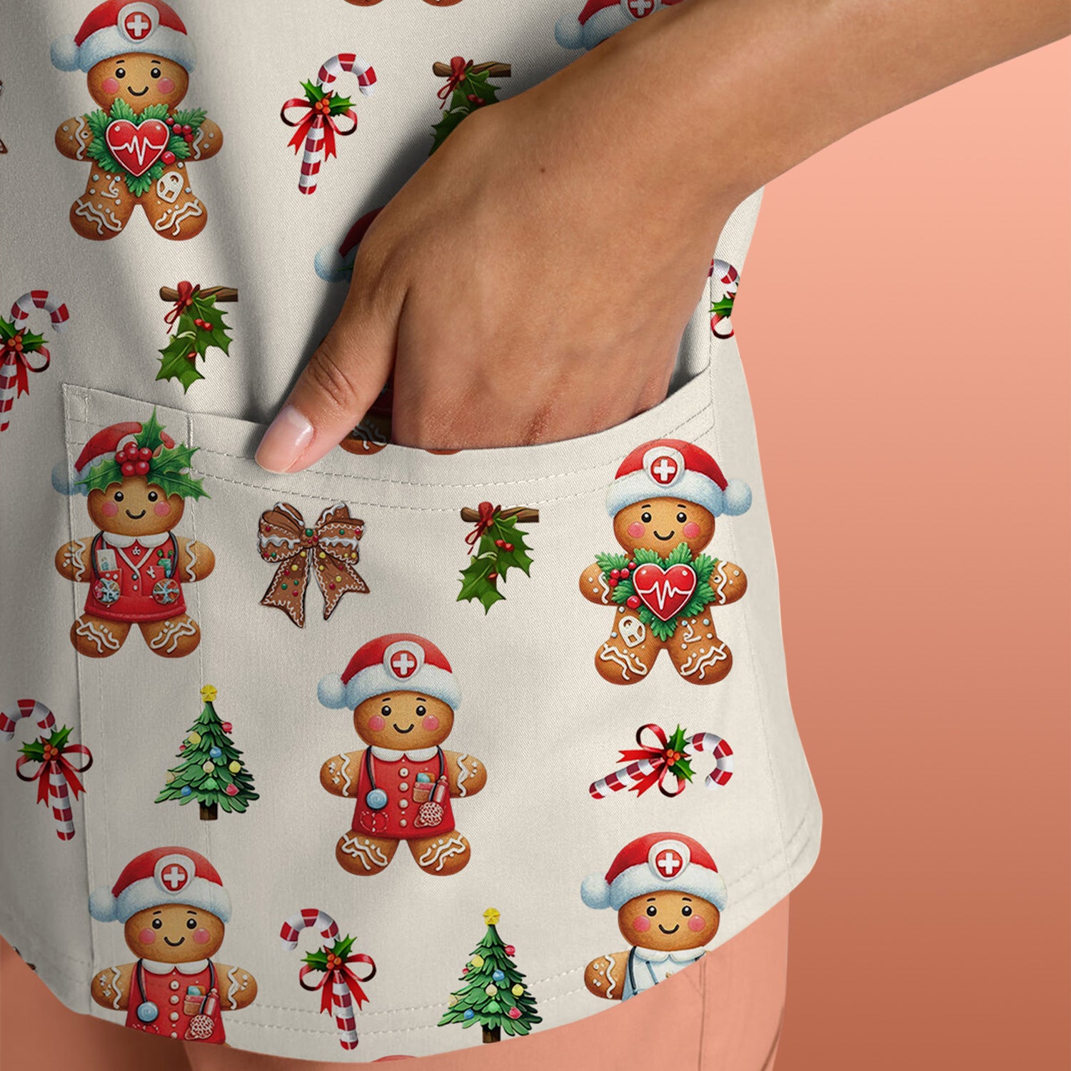 Funny Gingerbread Christmas Scrub Top - Cute Cookie with Bow Shirt - Festive Holiday Scrubs for Women