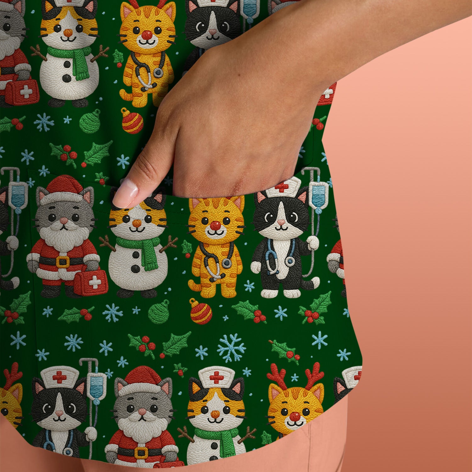 Christmas Cat Nurse Pattern Scrub Top, Cute Holiday Kitty Medical Uniform Shirt For Nursing