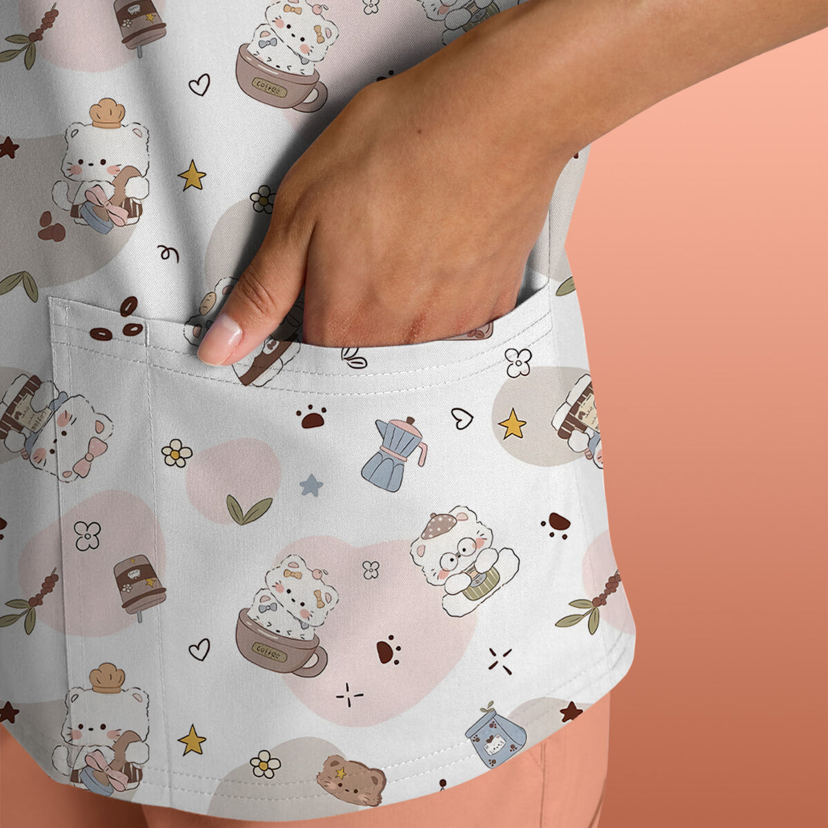 Cute Cat With Coffee Paw Heart Pattern Scrub Top, Comfortable Scrubs for Nurses