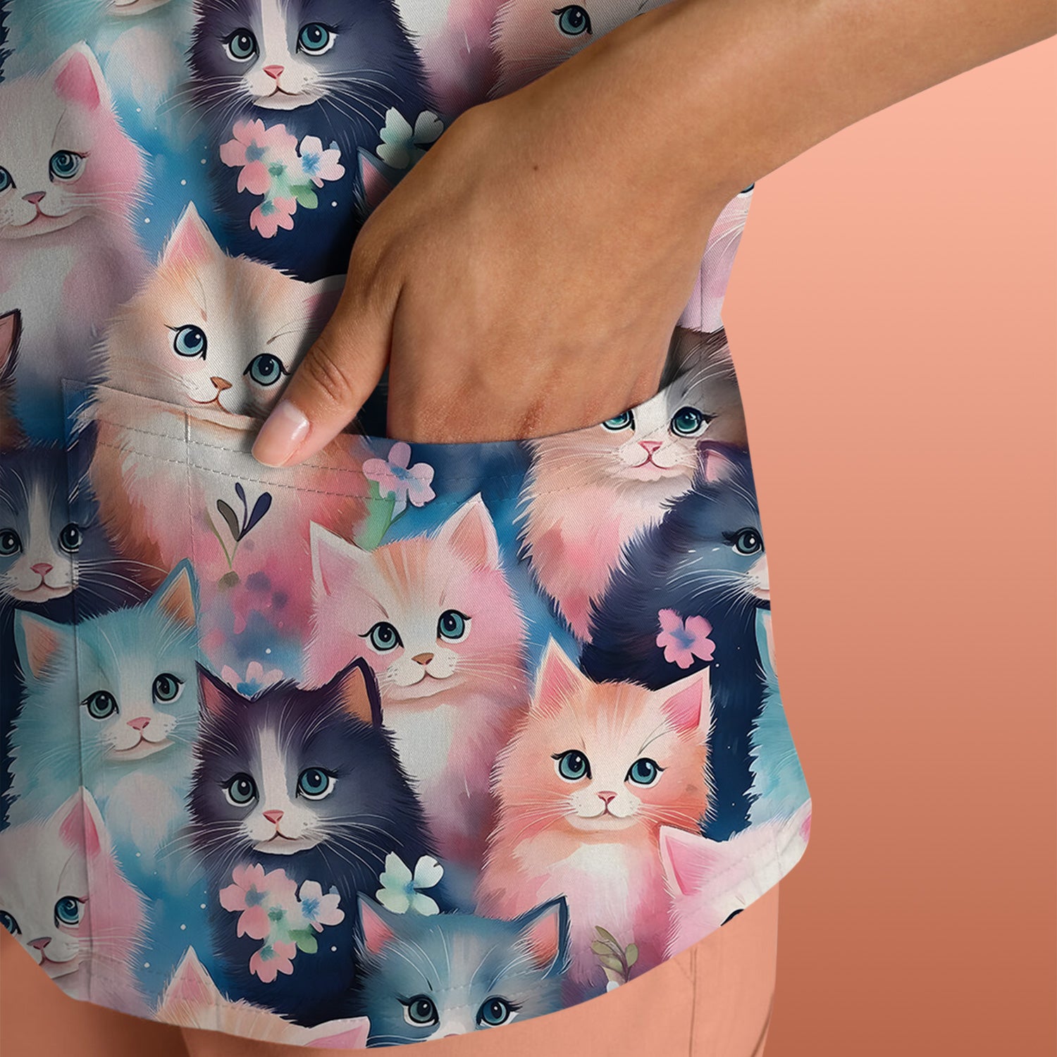 Pastel Kitten Pattern Scrub Top, Cute Aesthetic Cat Nursing Uniform for Women
