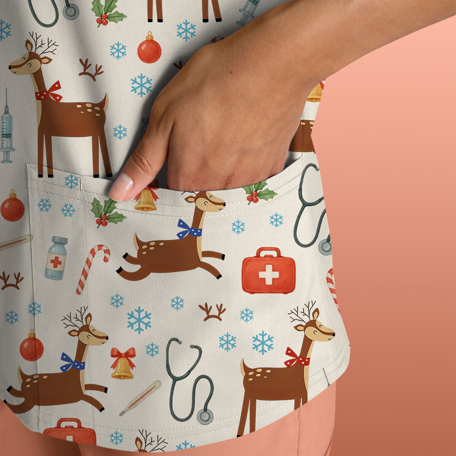 Reindeer Christmas Scrub Top - Snowflakes Candy Canes Holiday Medical Shirt - Xmas Scrubs for Women RN CNA LPN