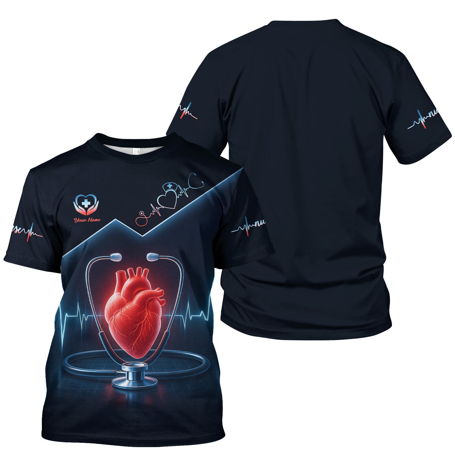 Personalized Nurse Shirt for RN LPN CNA - Heart Anatomy with EKG Line Design - Gift for Healthcare Workers & Nursing Staff