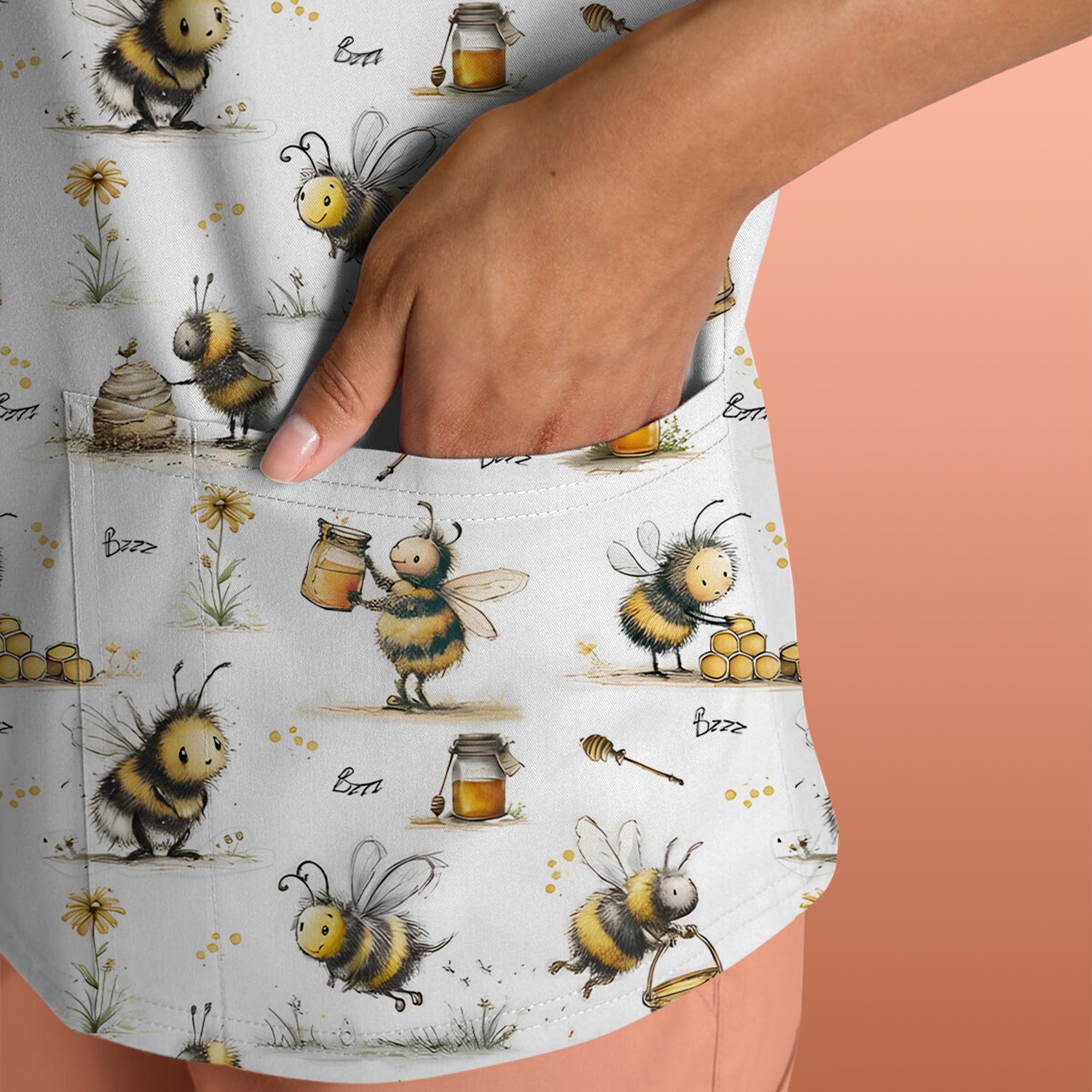Cute Honey Bee Jar Garden Pattern Scrub Top, Comfortable Scrubs for Nurses