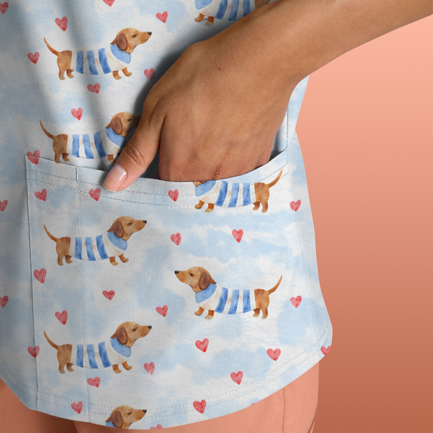 Sweet Dachshund And Pink Hearts Print Scrub Top, Comfortable Scrubs for Nurses