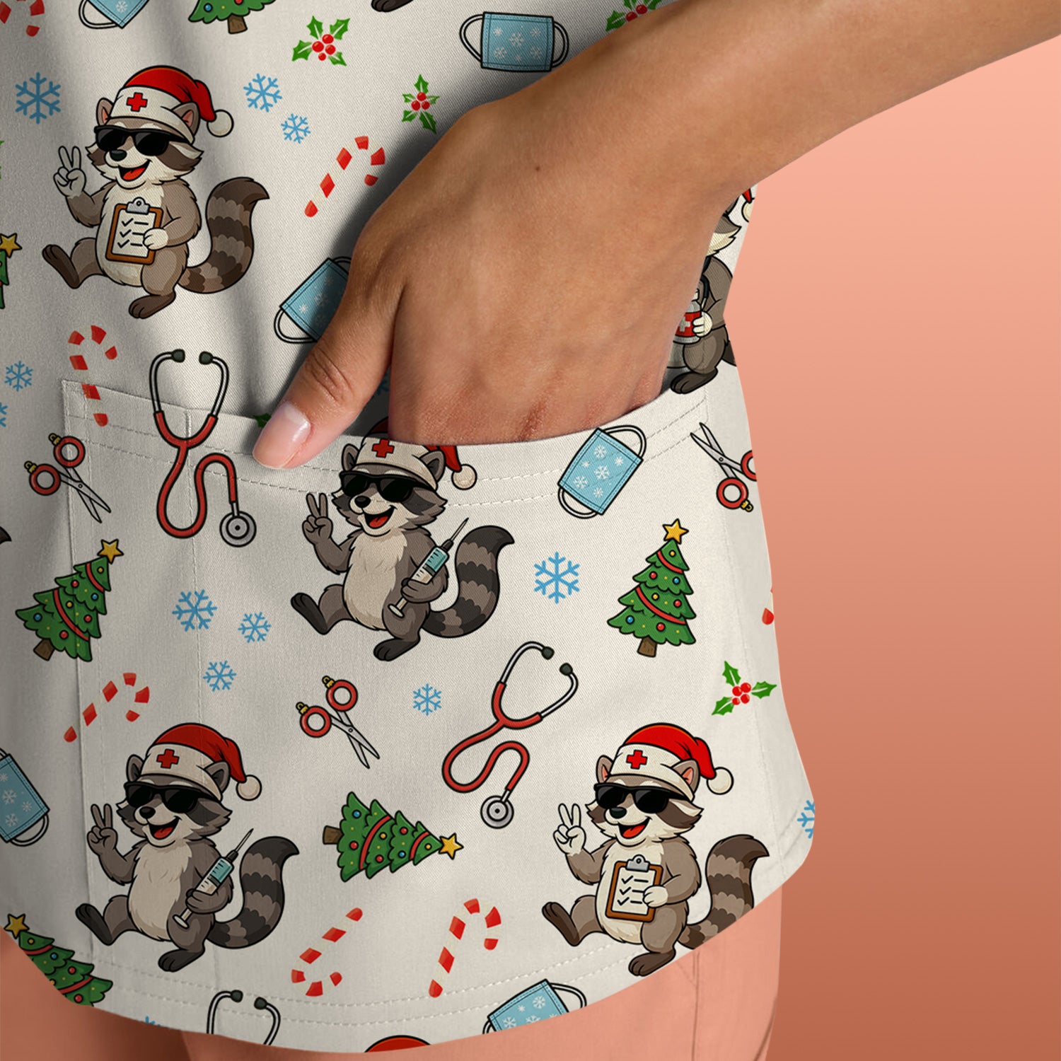 Christmas Scrub Top for Nurses - Funny Raccoon and Medical Tools Pattern - Festive Holiday Nurse Scrubs Shirt Gift for Women RN LPN CNA