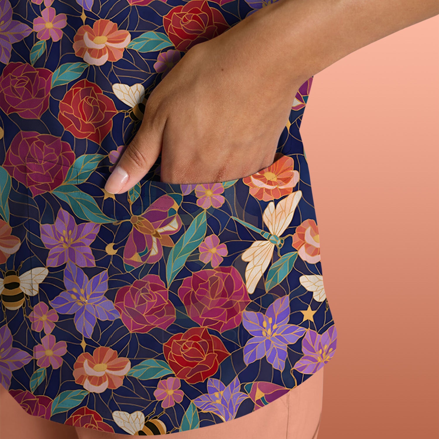 Charming Floral Garden With Bees And Dragonflies Scrub Top, Comfortable Scrubs for Nurses
