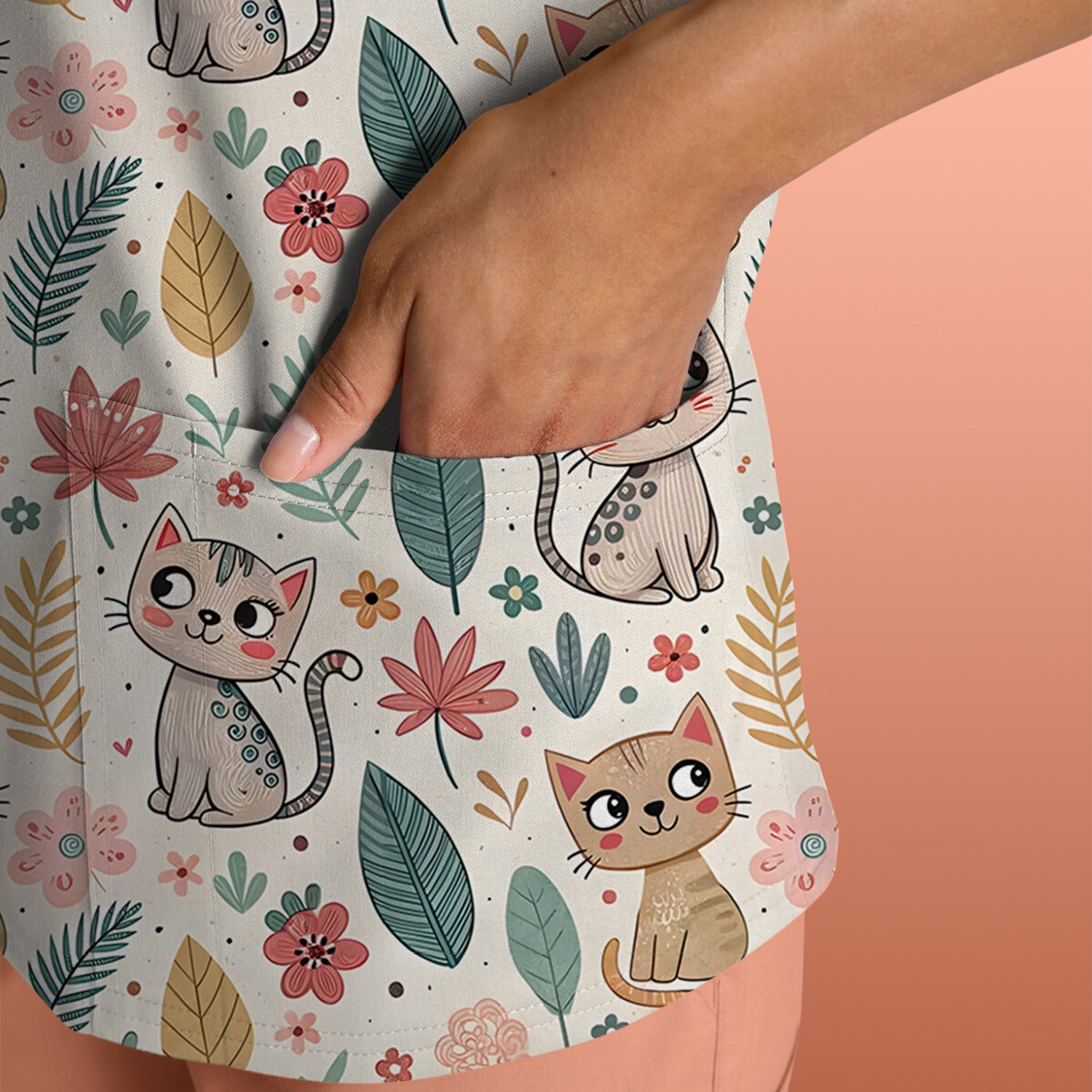 Cute Cartoon Cat Floral Leaf Pattern Scrub Top, Kawaii Kitty Nursing Uniform for Women