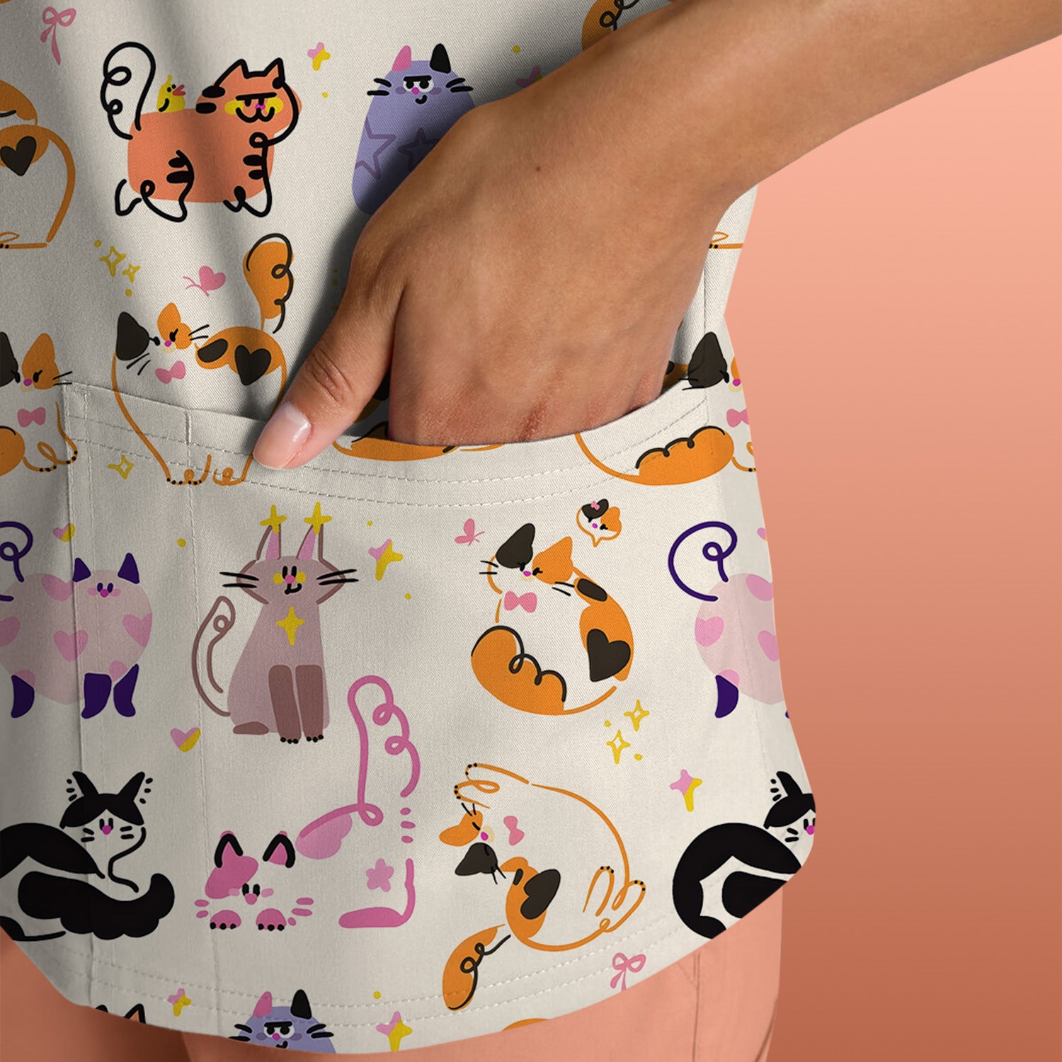 Funny Cat Pattern Scrub Top, Cute Cats Nursing Uniform For Women