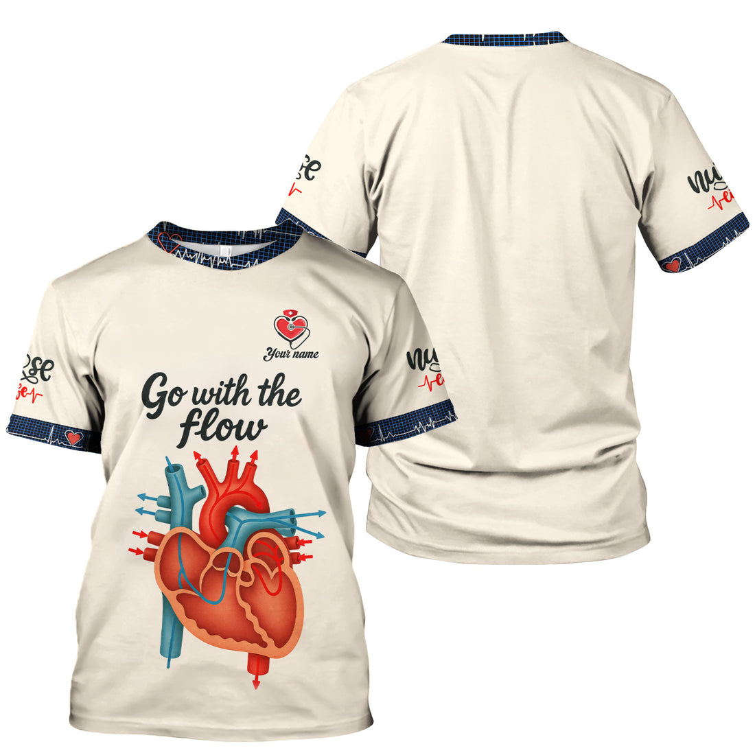 Funny Nurse Shirt for Women RN LPN CNA - Go With The Flow Heart Anatomy Design - Custom Name Gift for Healthcare Workers, Cardiologists, ICU & ER Staff