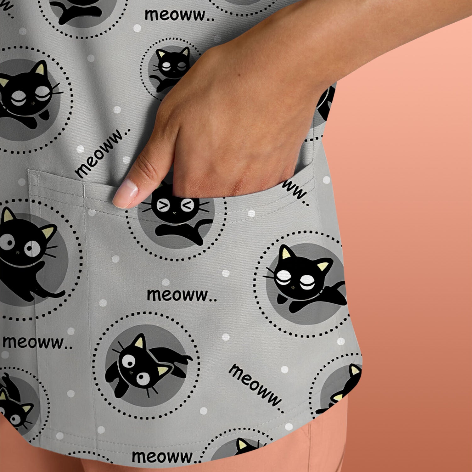Funny Black Cat Meow Pattern Scrub Top, Comfortable Scrubs for Nurses