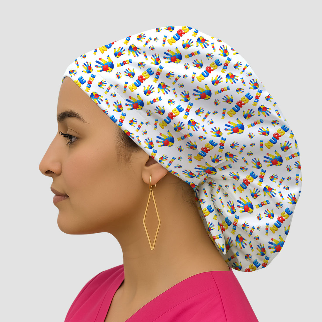 Colorful Autism Handprint Nurse Pattern Cap, Bouffant Scrub Caps for Women
