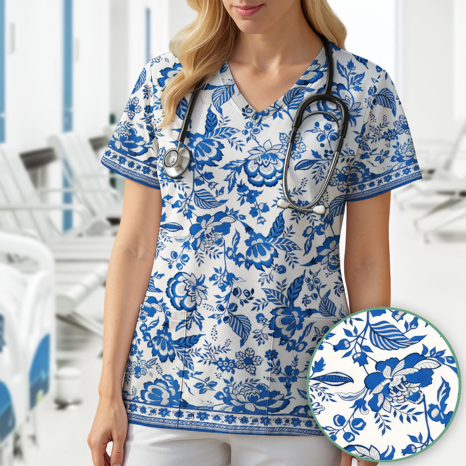 Toile De Jouy Scrub Top For Women, Floral Pattern Nurse Shirt, Comfortable Scrubs For Nursing