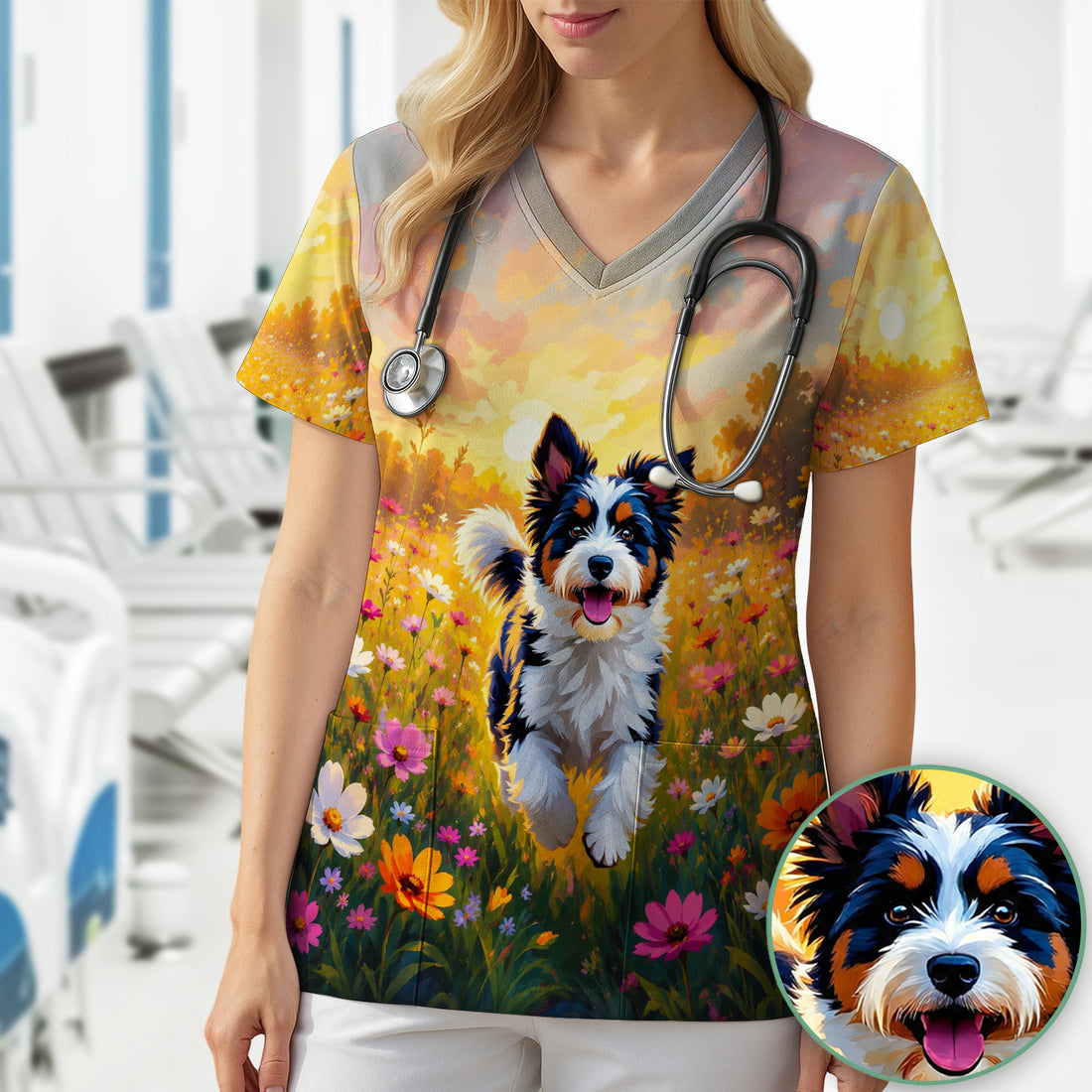 Cute Floral Meadow Dog Print Scrub Top, Comfortable Scrubs for Nurses
